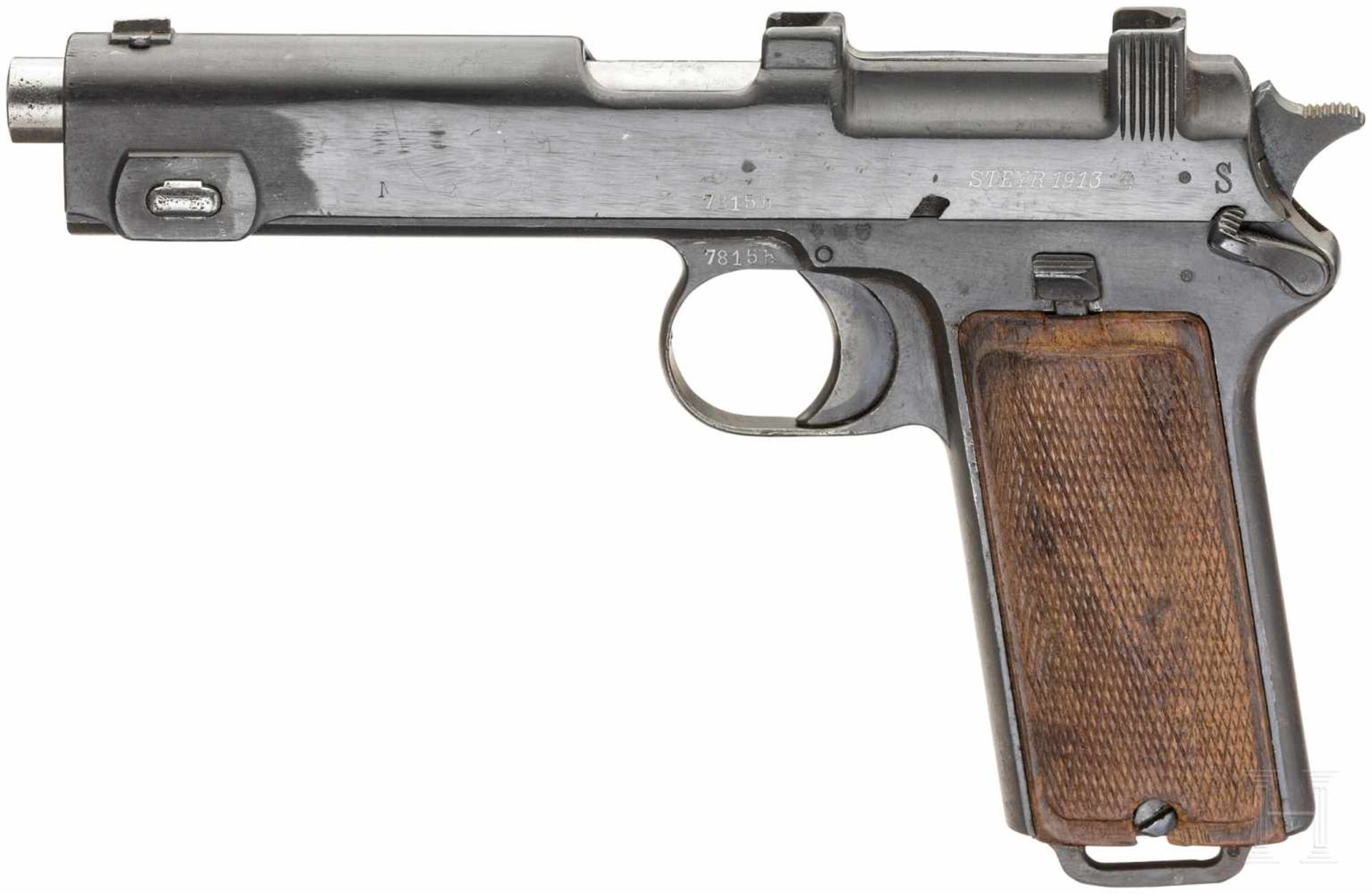 Steyr Mod. 1912Kal. 9 mm Steyr, Nr. 7815b, Nummerngleich bis auf den Lauf, dieser leicht matt.