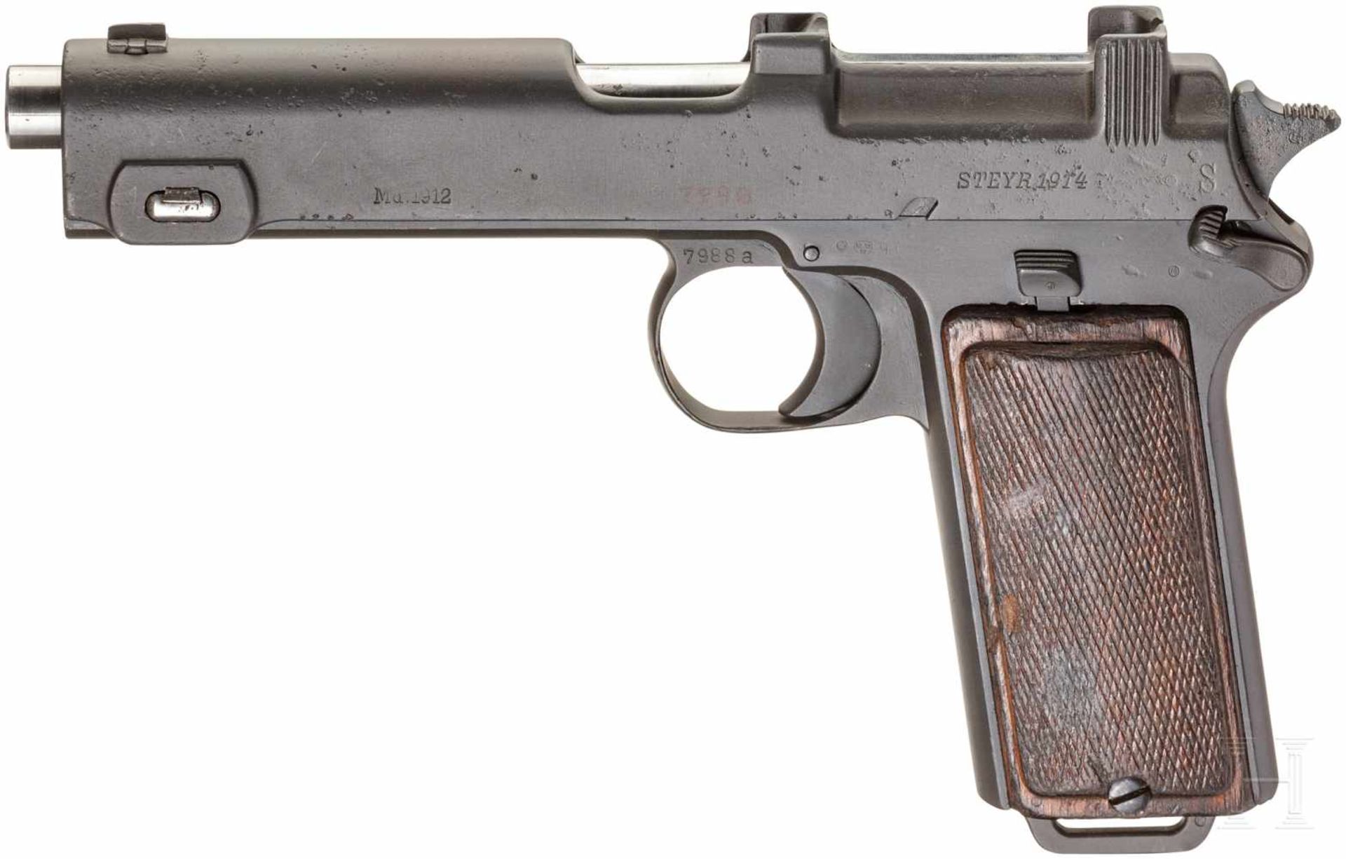 Steyr Mod. 1912Kal. 9 mm Steyr, Nr. 7988a, Nicht nummerngleich. Blanker Lauf. Achtschüssig. Dt.