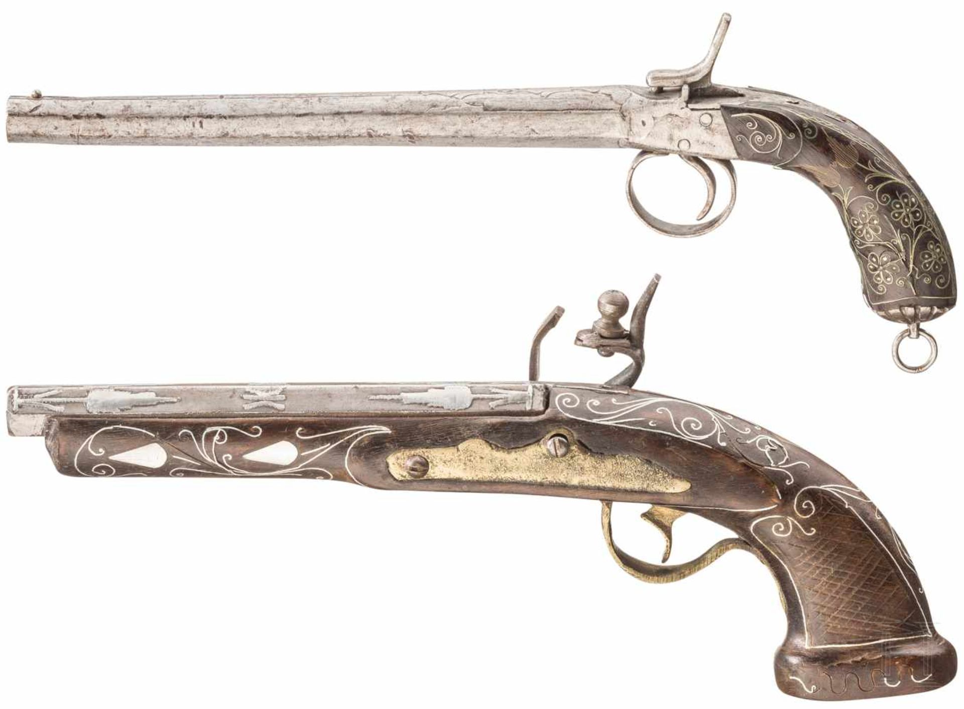 Zwei Pistolen, Basararbeiten des 20. Jhdts.Achtkantige Läufe mit glatten Seelen. Stein- bzw. - Bild 2 aus 2