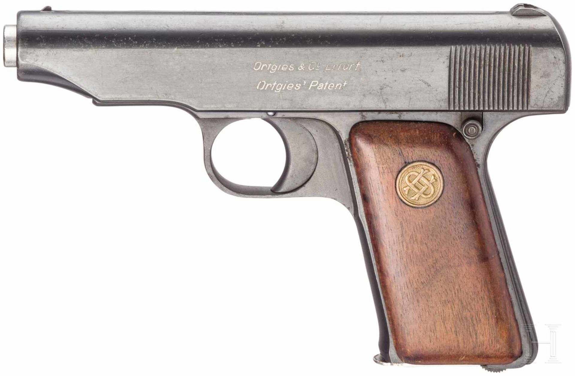 Pistole Ortgies, mit TascheKal. 7,65 mm Brown., Nr. 10008, Nummerngleich. Blanker Lauf.