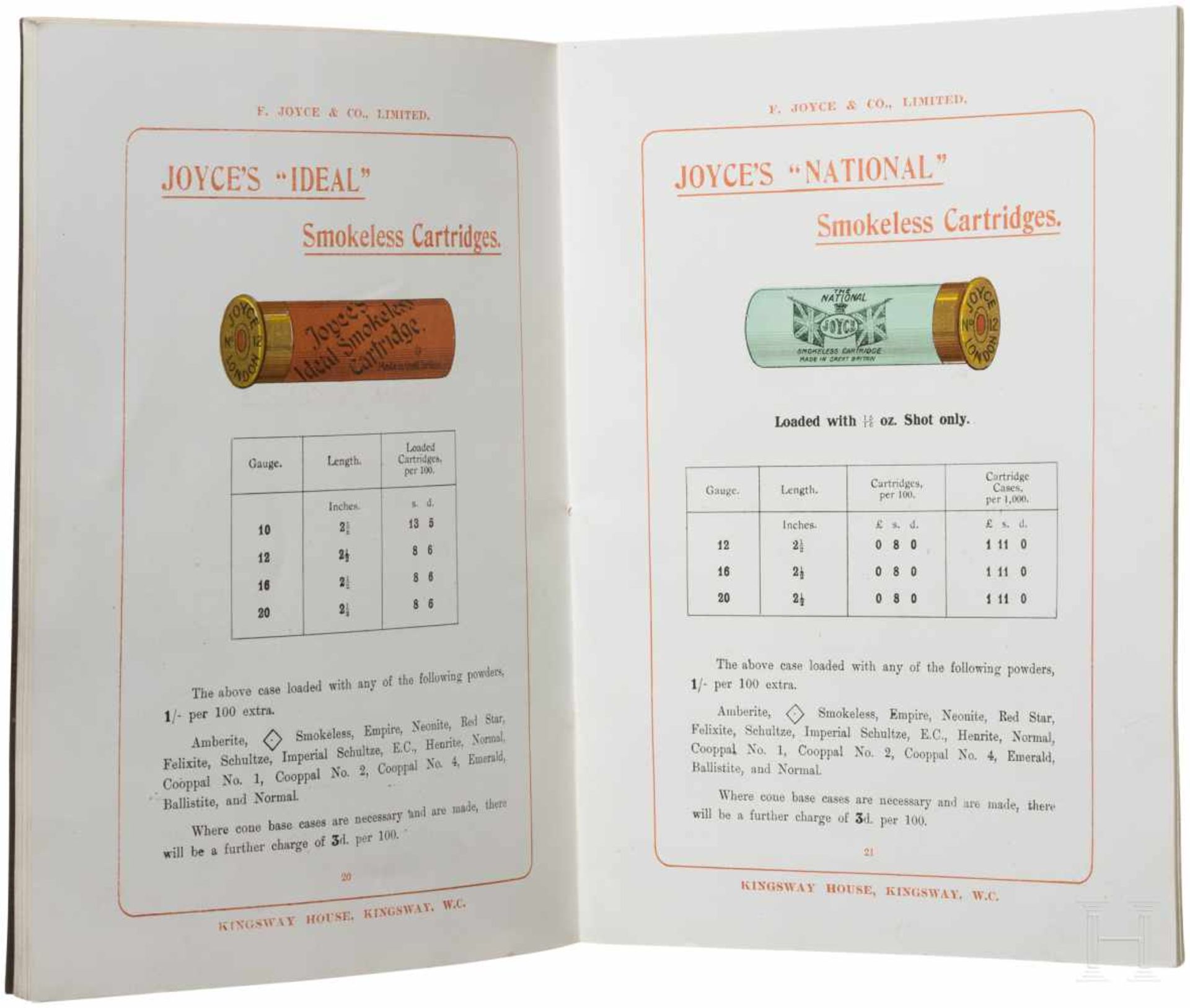 F. Joyce & Co., London "Amunition Price List", 1909/10Katalog eines englischen Munitionsfabrikanten.