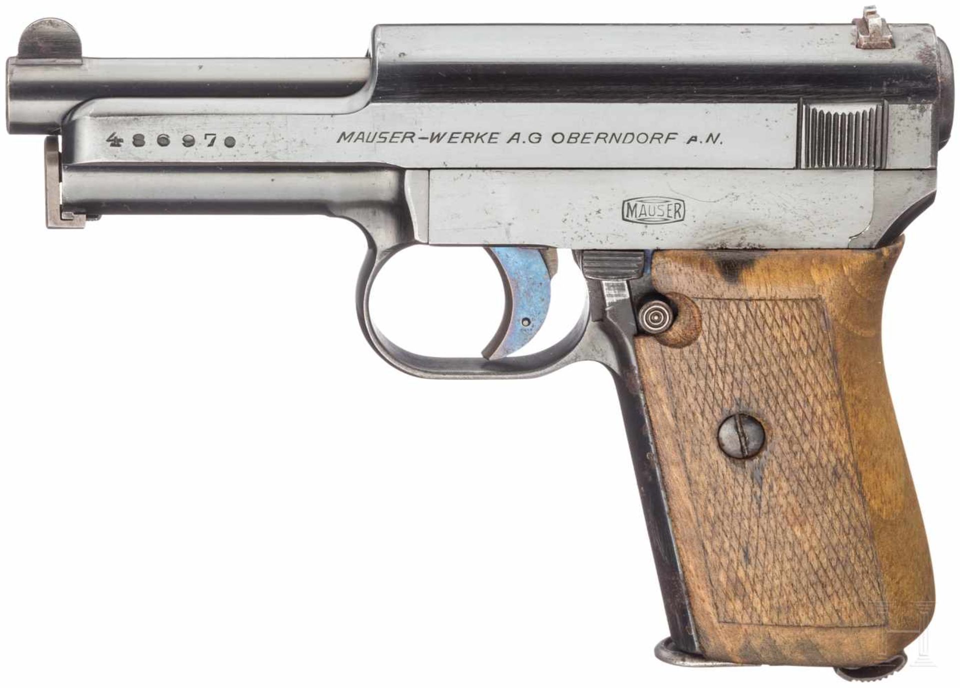 Mauser Mod. 1914/34Kal. 7,65 mm Brown., Nr. 486970, Nummerngleich. Lauf matt. Achtschüssig. Beschuss