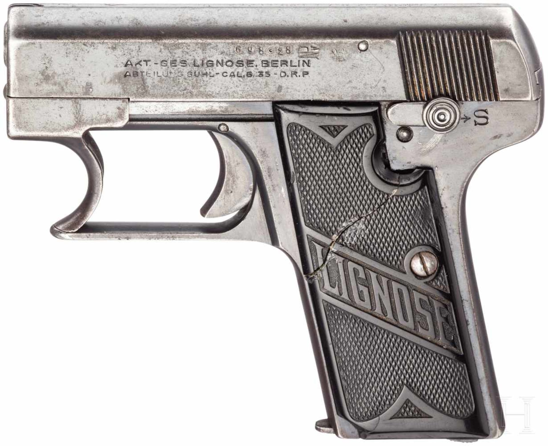 Lignose Einhandpistole Mod. 3 A, mit TascheKal. 6,35 mm Brown., Nr. 44686, Nummerngleich. Lauf matt.