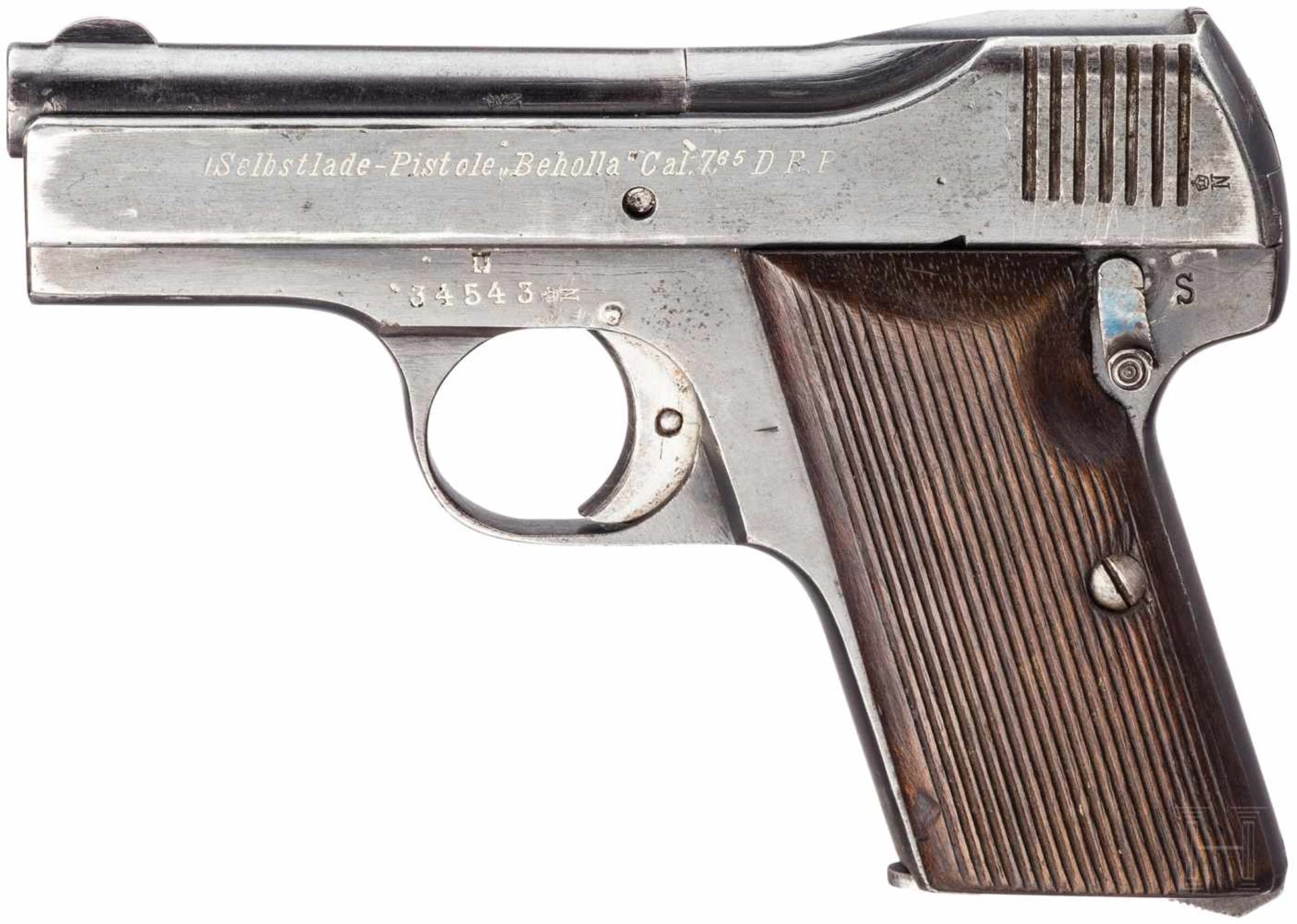 Beholla, mit TascheKal. 7,65 mm Brown., Nr. 34543, Nummerngleich. Blanker Lauf. Siebenschüssig.