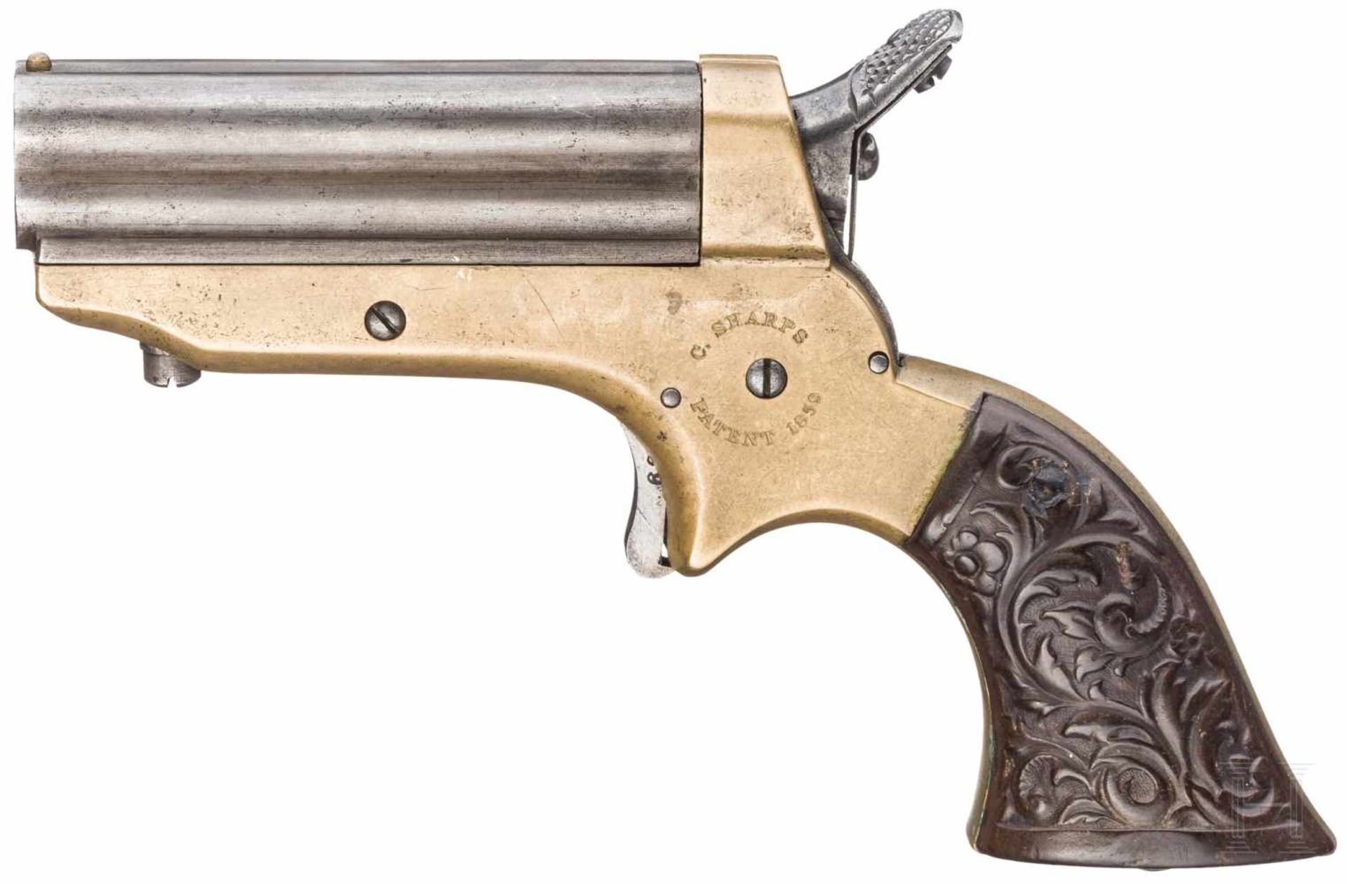 Einzellader-Pistole, Sharps PepperboxKal. .22RF, Nr. 25939, Gezogenes Laufbündel partiell matt, - Bild 2 aus 2