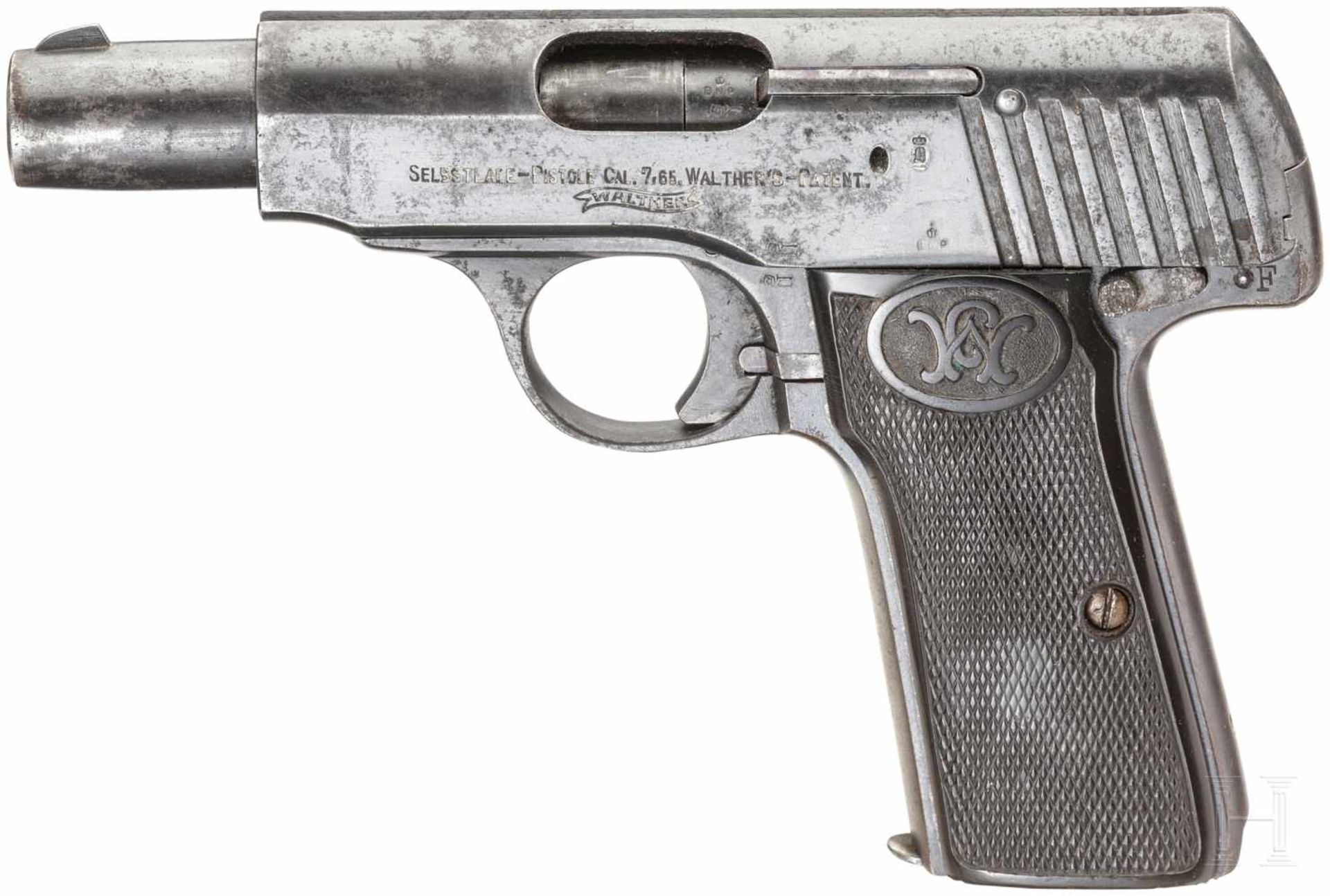 Walther Mod. 4, brit. Beutewaffe, mit TascheKal. 7,65 mm Brown., Nr. 55927, Nummerngleich. Guter