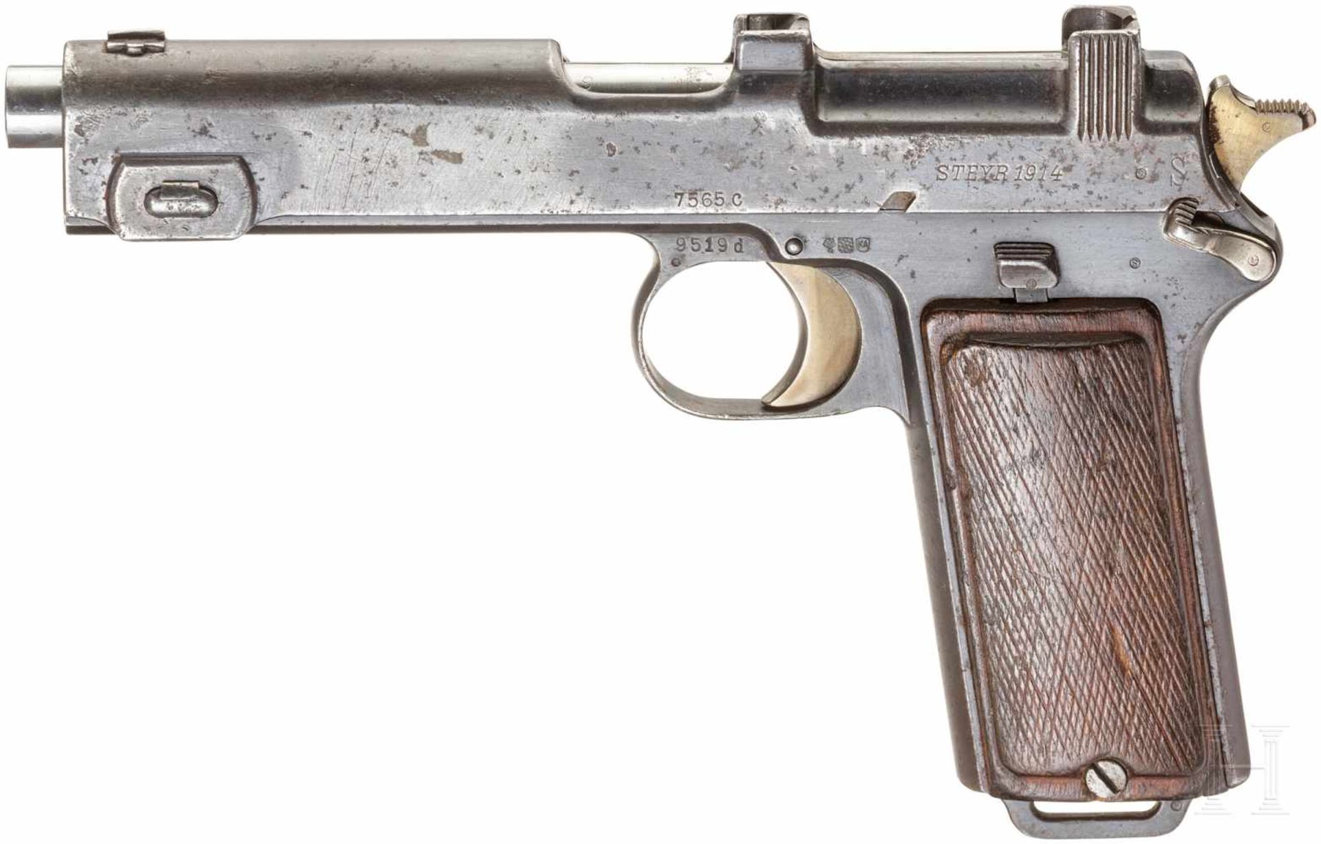 Steyr Mod. 1912Kal. 9 mm Steyr, Nr. 9519d, Nicht nummerngleich. Blanker Lauf. Achtschüssig. Dt.