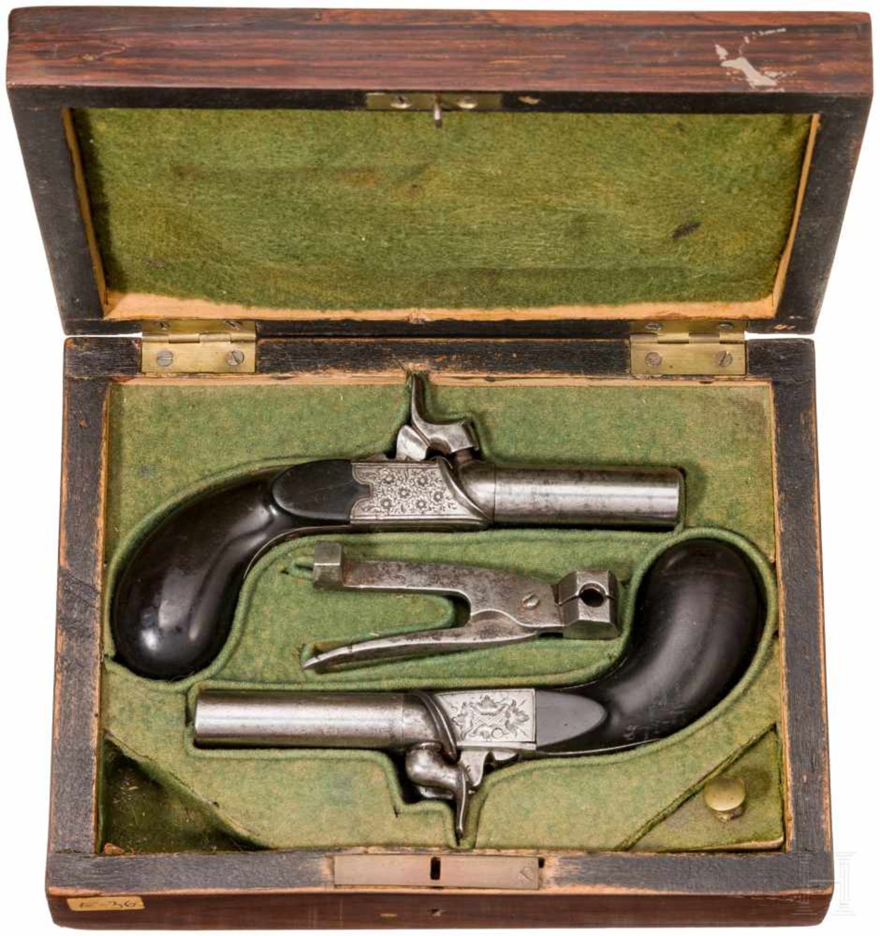 Ein Paar doppelläufige Perkussionsterzerole im Kasten, Belgien, um 1840Kal. 8 mm Blackpowder / 10 mm - Bild 3 aus 3