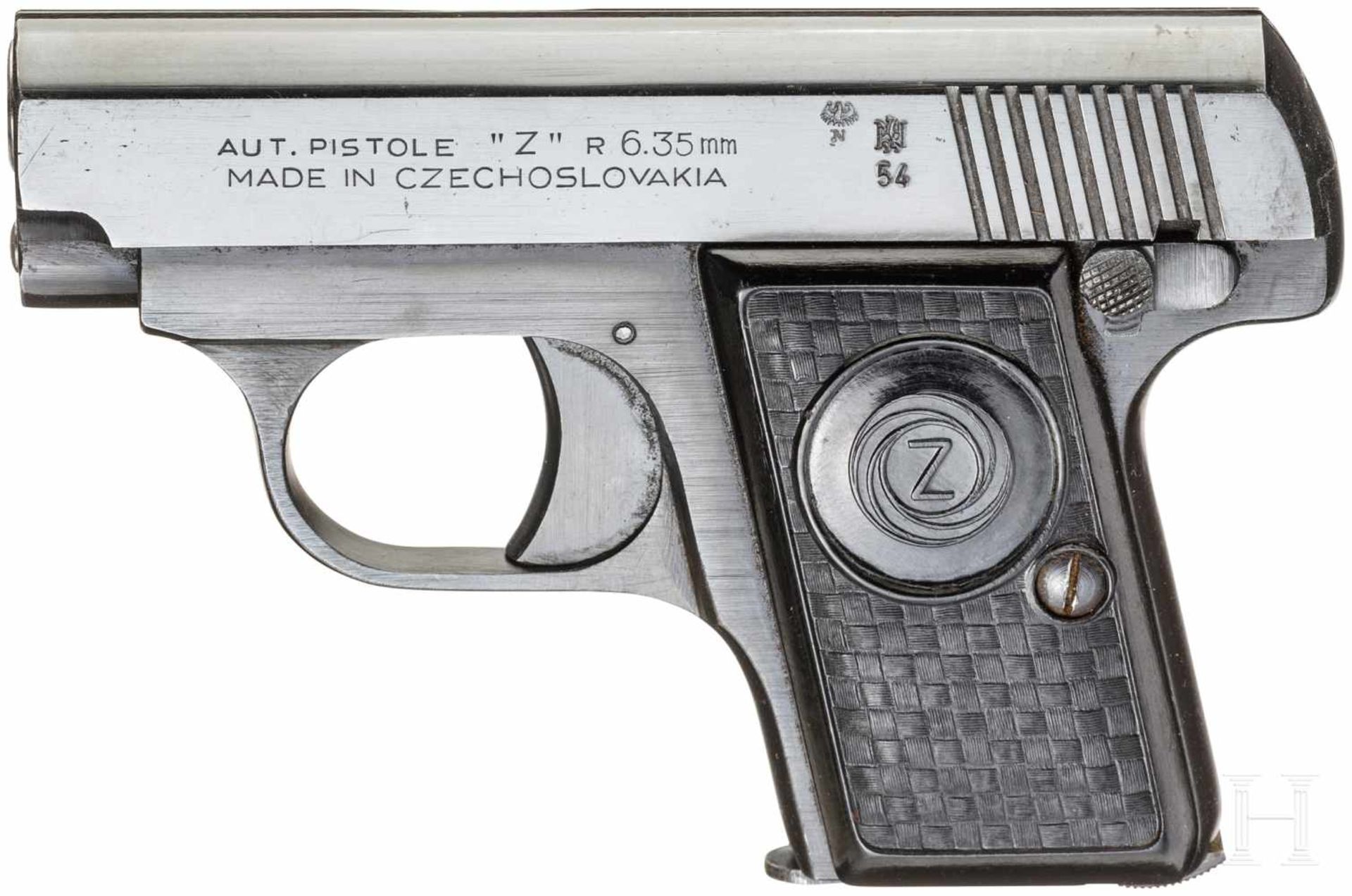 CZ Mod. ZKal. 6,35 mm Brown., Nr. 231907, Blanker Lauf. Sechsschüssig. Tschech. Beschuss 1954 und