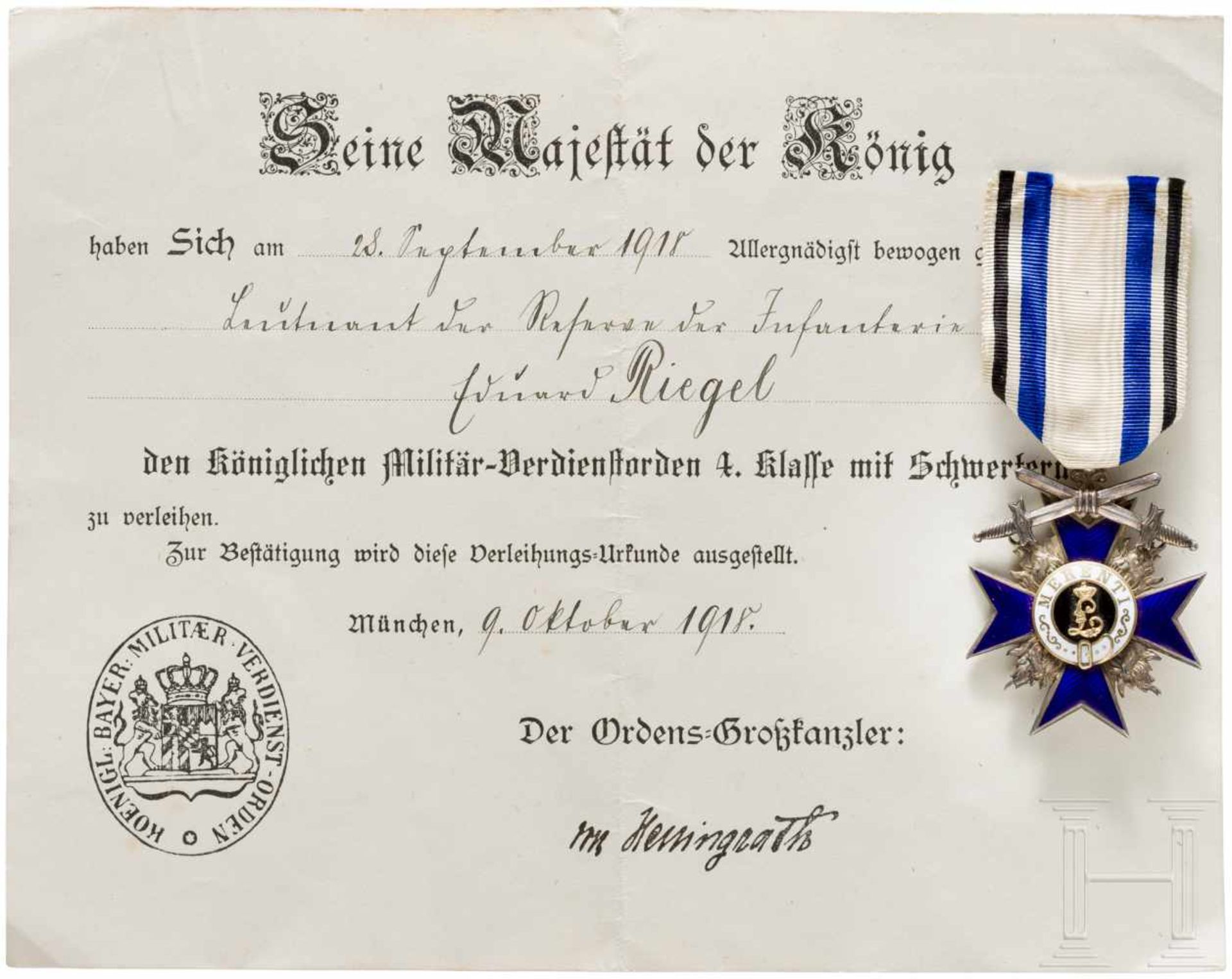 Military Merit Order 4th class with swords and award document, BavariaSilber, teils farbig