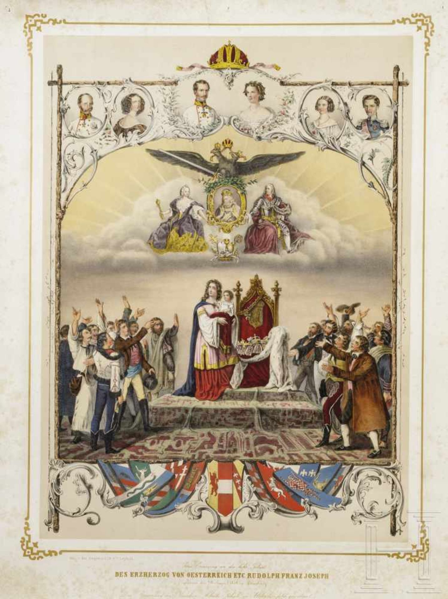 Colored lithograph of the birth of Archduke Rudolf Franz Joseph, Eduard Friedrich Leybold, dated