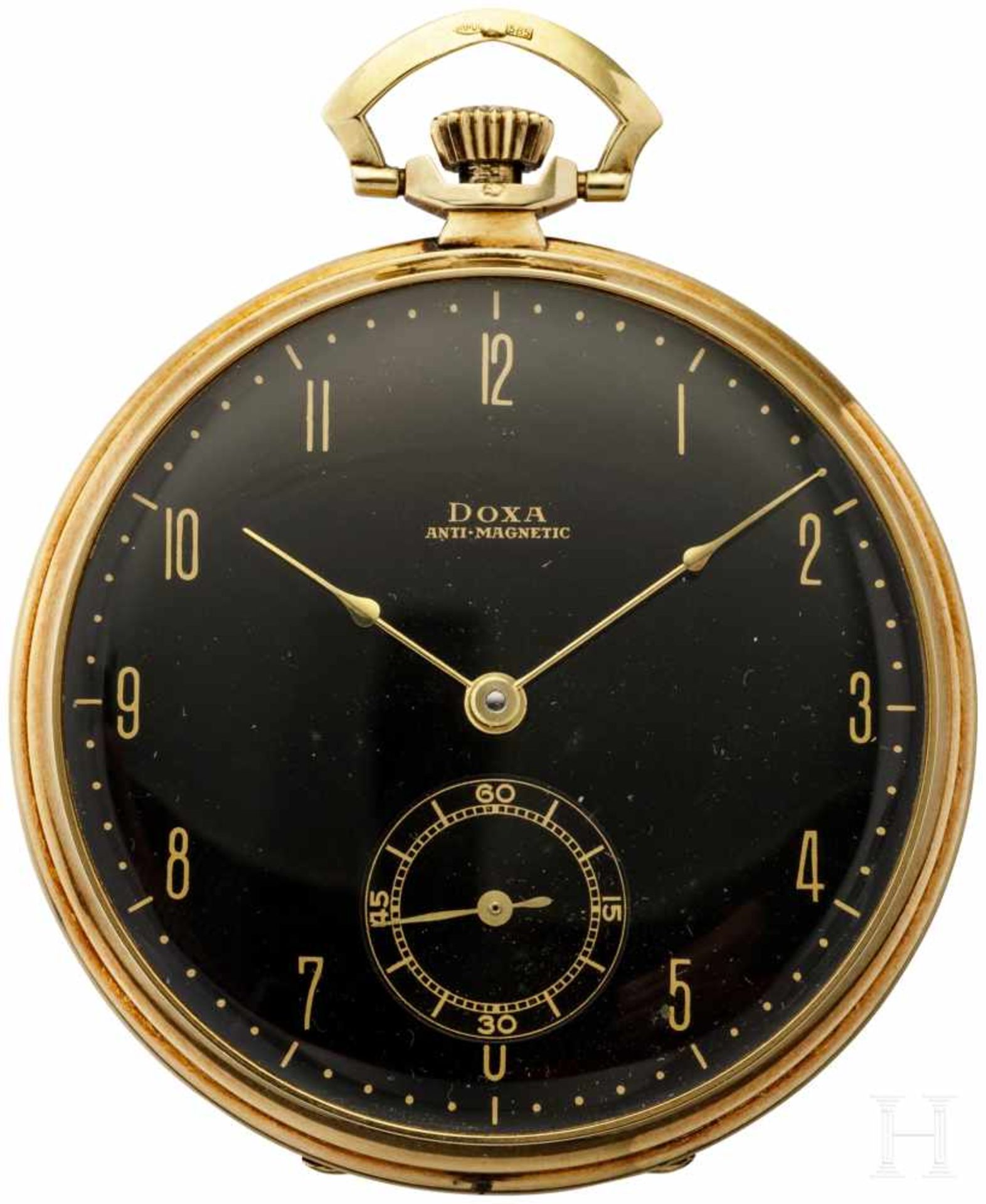 A golden pocket watch, model "Doxa"Black dial with golden indices and description "Doxa Anti-