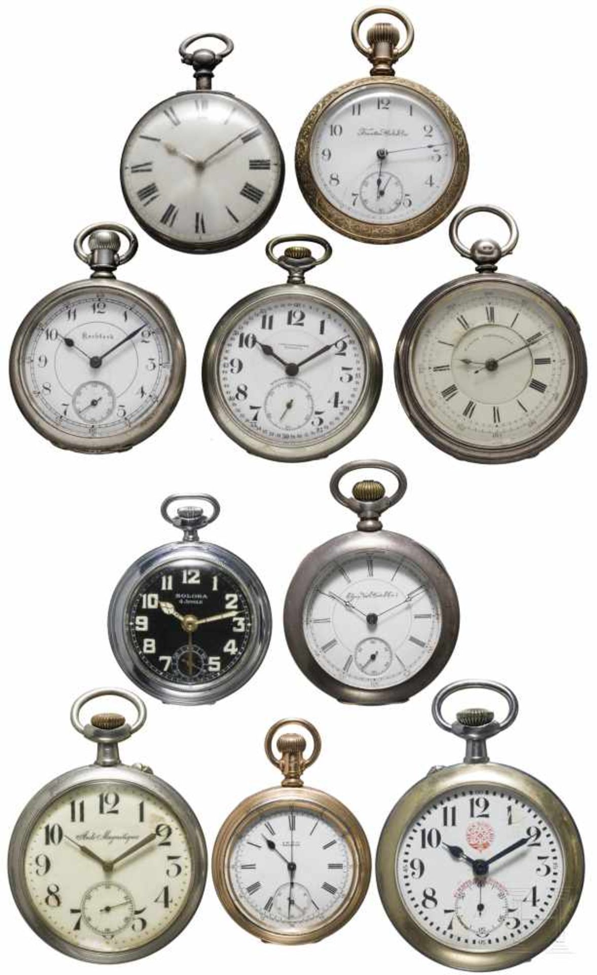 Ten pocket watchesVarious makers and models, winding by hand or by key. Diameters ca. 52 to 68 mm.