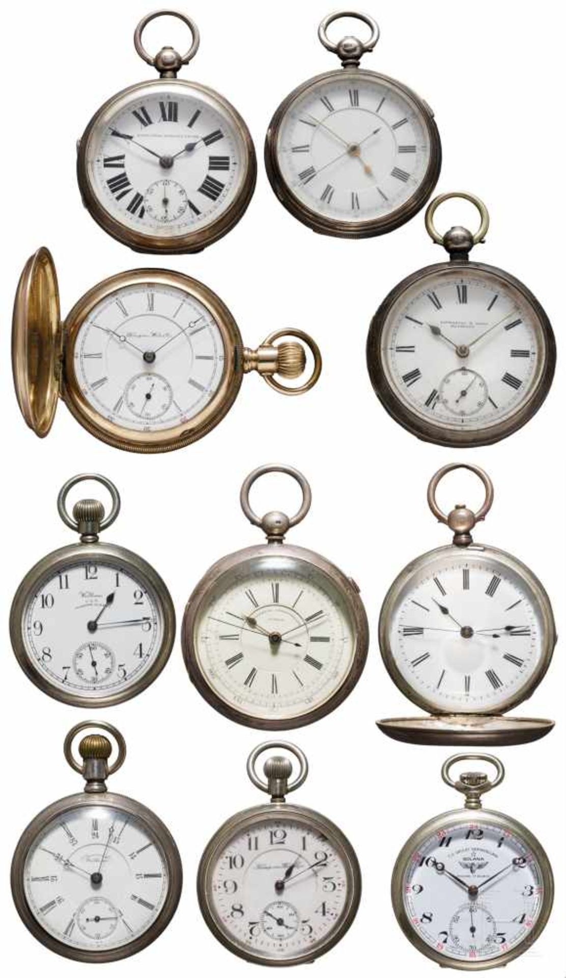 Ten pocket watchesVarious makers and models, manual winding or by key. Diameters 50 - 54 mm.