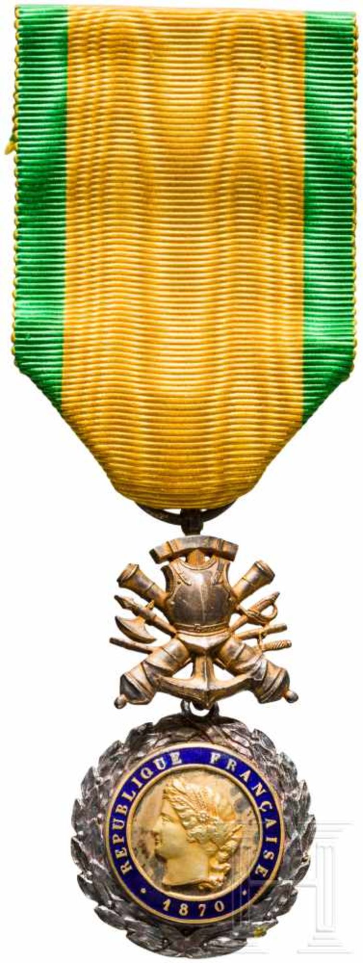 Military medal, France, late 19th centurySilber (Vergoldungsspuren), beidseitig reliefiert,