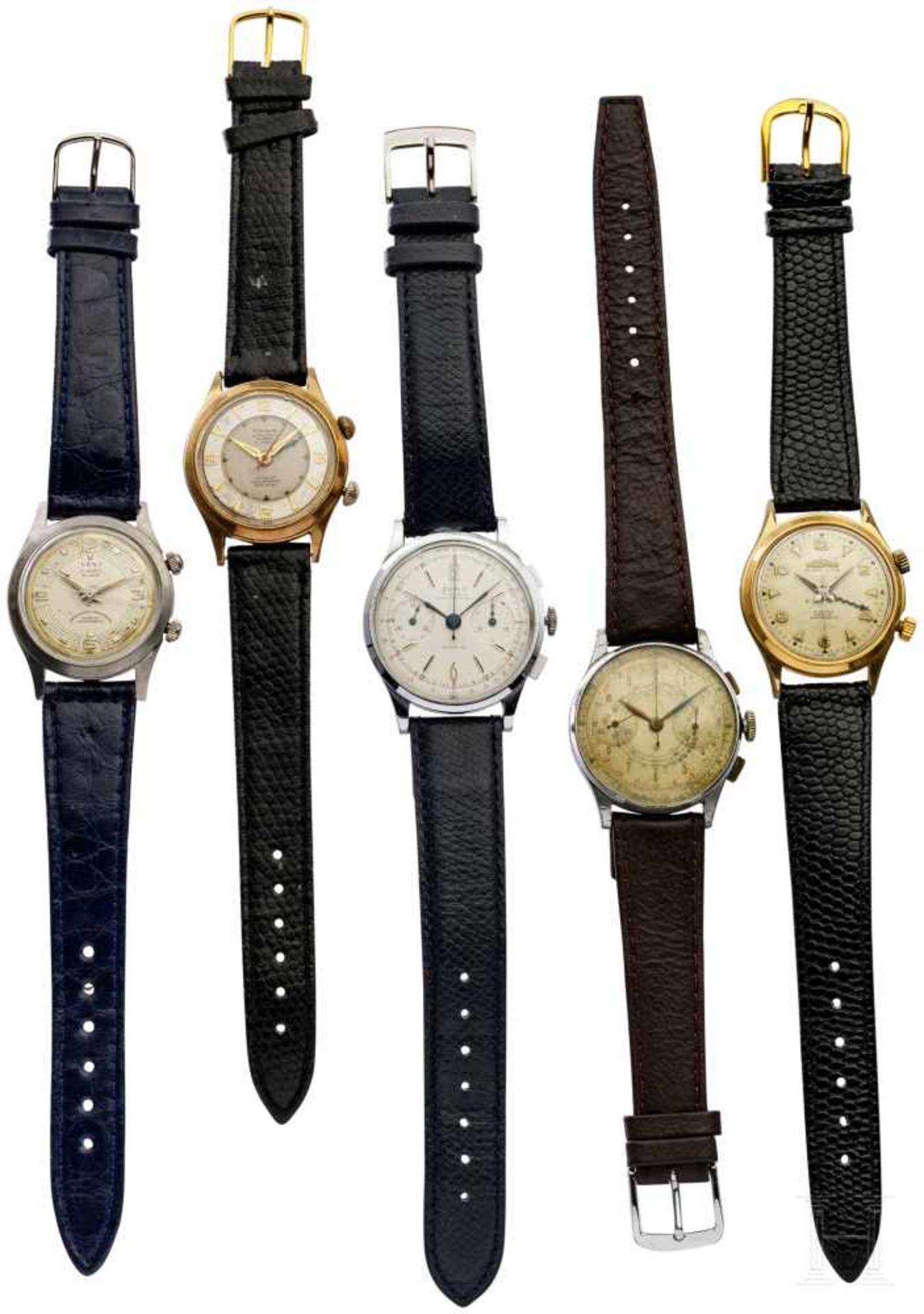 Five wristwatchesThree with alarm clock applications of Delbana, Kent and Clarion, as well as a