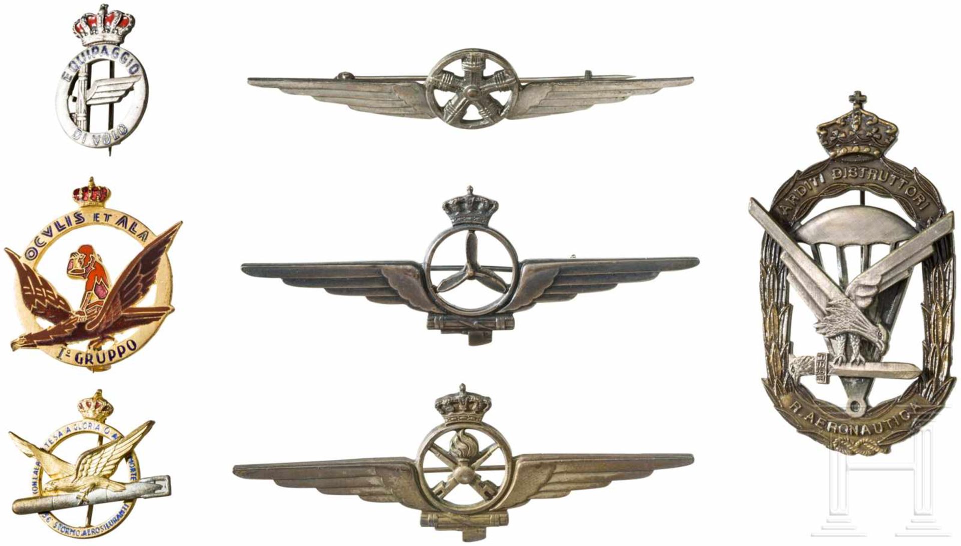Seven Italian air force badges, 1st half of the 20th centuryBuntmetall oder weißes Metall, teilweise