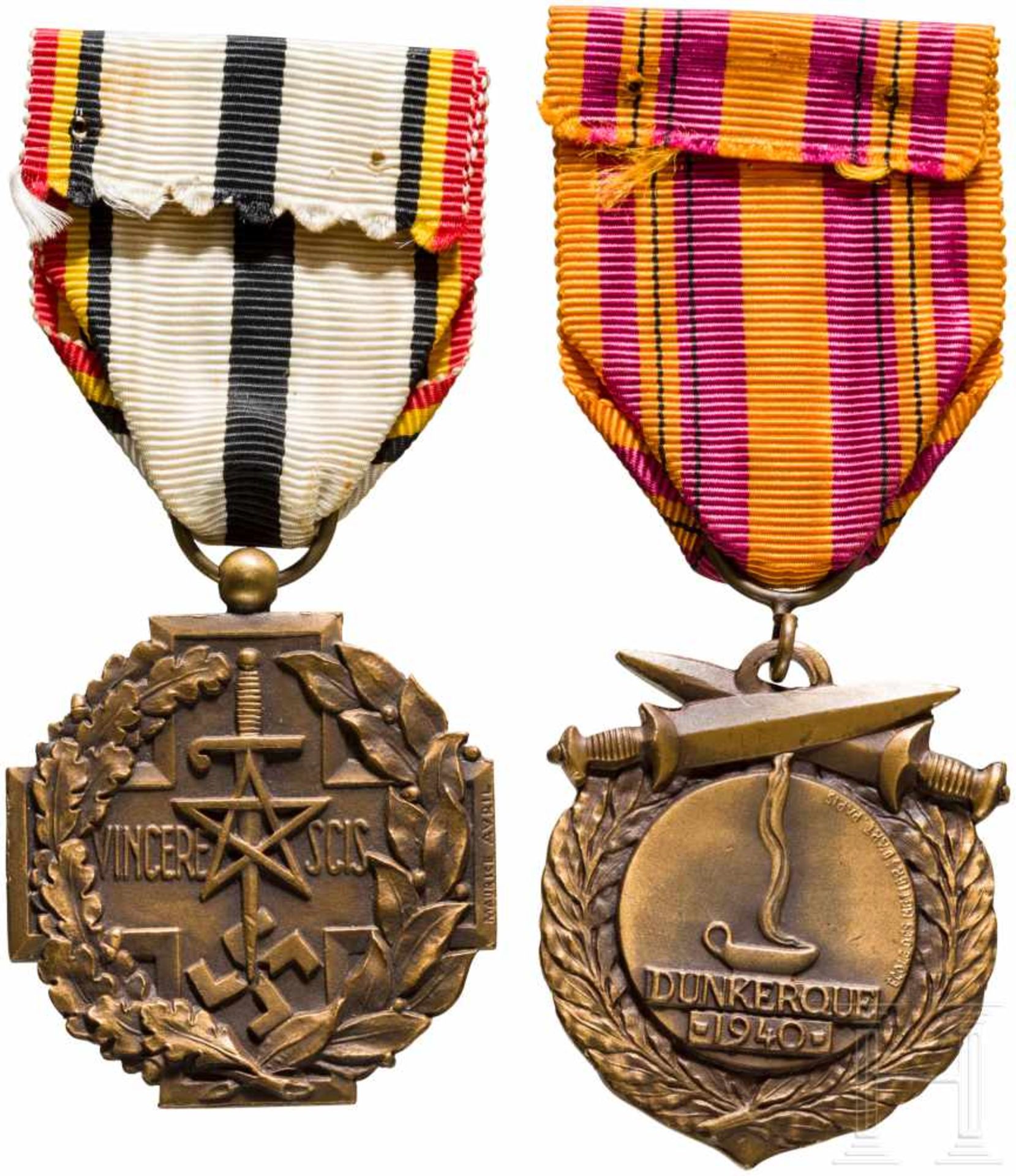 Two war medals, France, 1940Bronze, beidseitig reliefiert, jeweils mit Band. Eine Medaille mit - Bild 2 aus 2