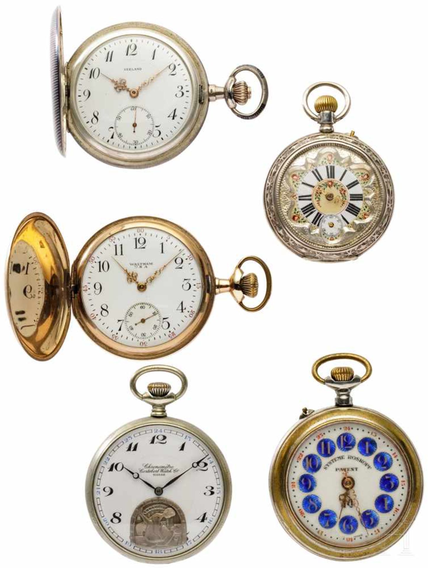 Five pocket watchesA silver pocket watch of "Seeland", both of the spring lids with niello décor,