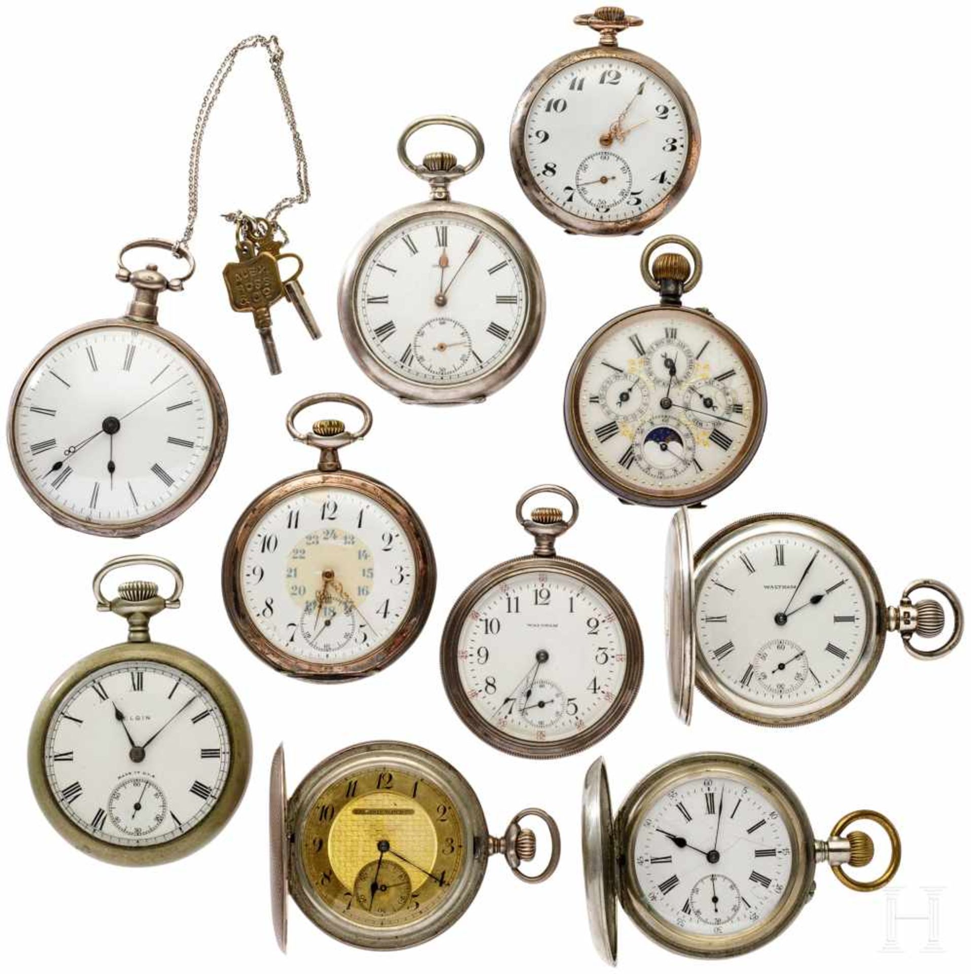 Ten pocket watchesVarious makers and models, winding by hand or with key. Diameters ca. 50 to 54 mm.