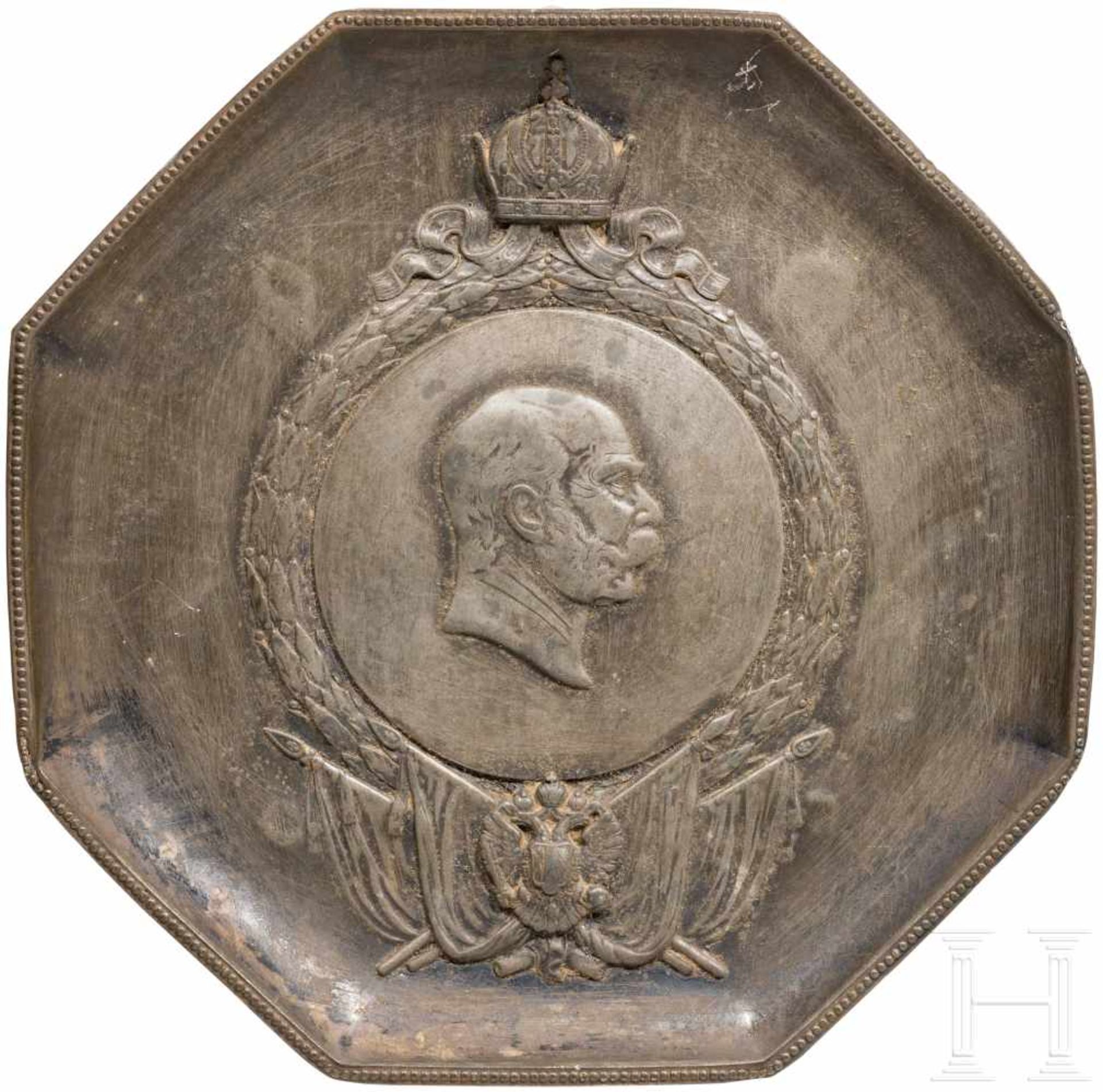 Emperor Franz Josef I. - tin plate with portraitAchteckige Form mit leicht hochgezogenem Rand. Im