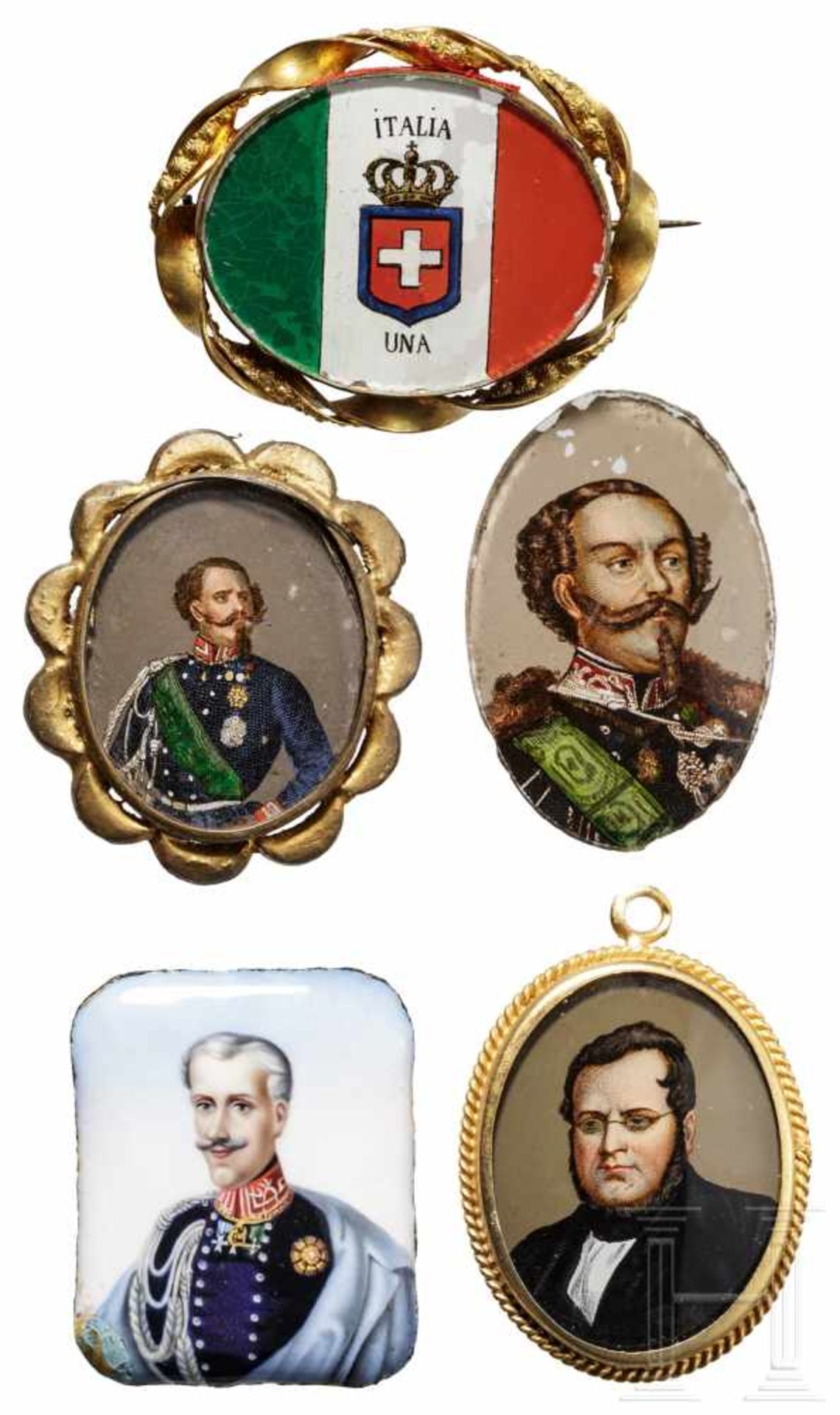 Five medallions, 19th/ 20th centuryEin Medaillon mit dem farbigen Portrait Victor Emanuels II. (