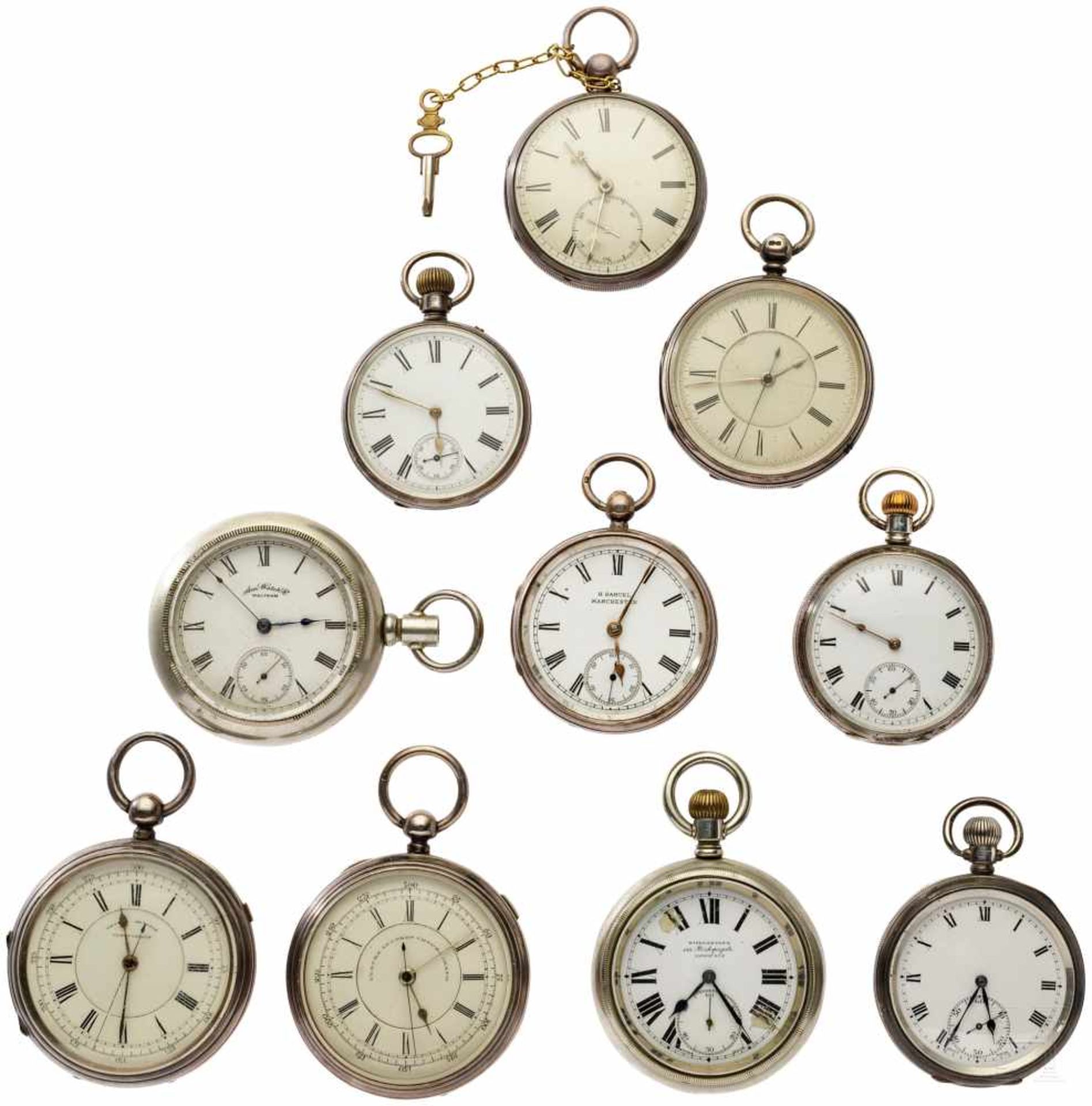 Ten pocket watchesVarious makers and models, winding by hand or with key. Diameters ca. 48 to 60 mm.