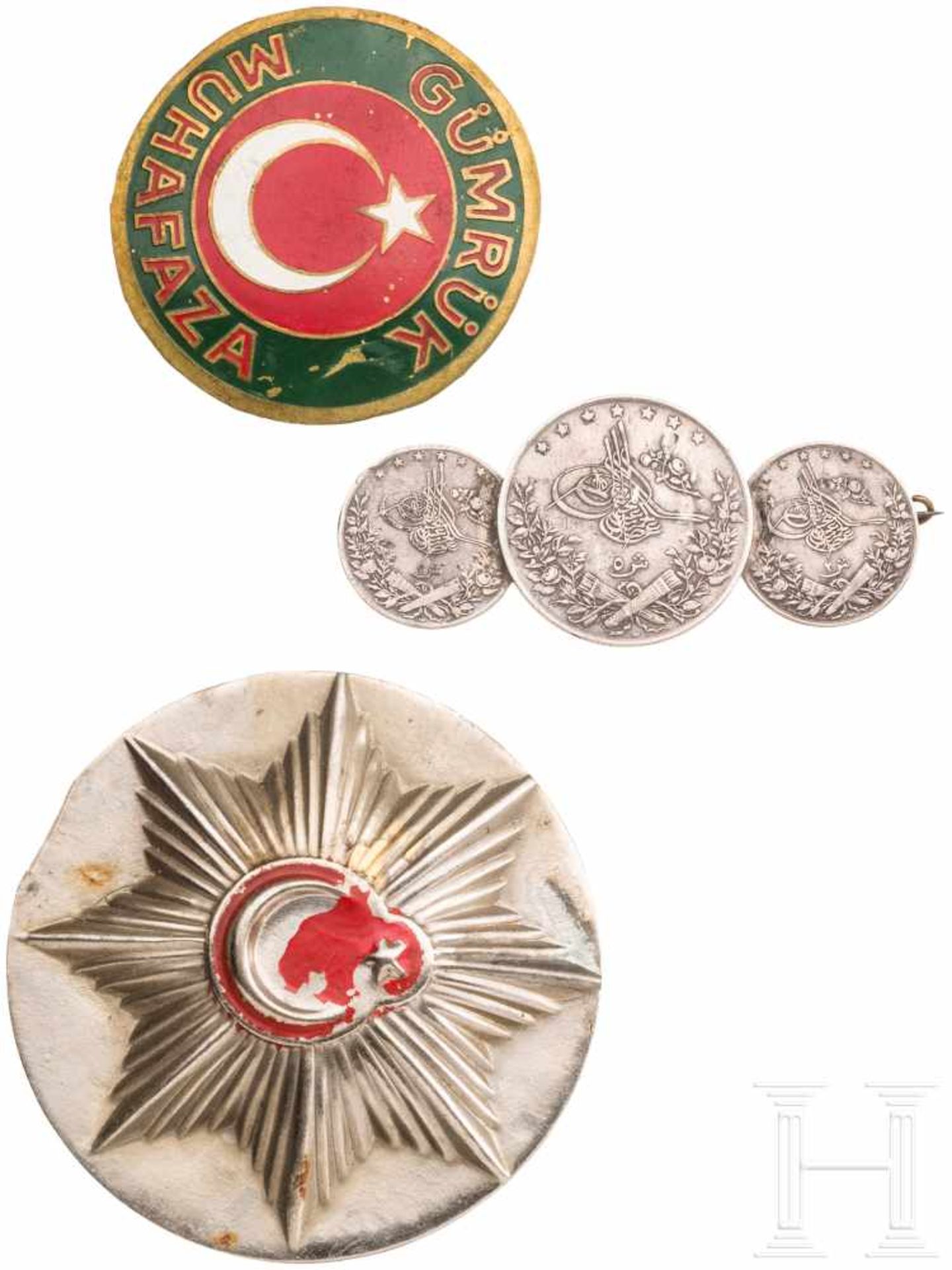 Three silver medals 1875, police and customs badges, TurkeySilber, rs. datiert "1293" (1875), im