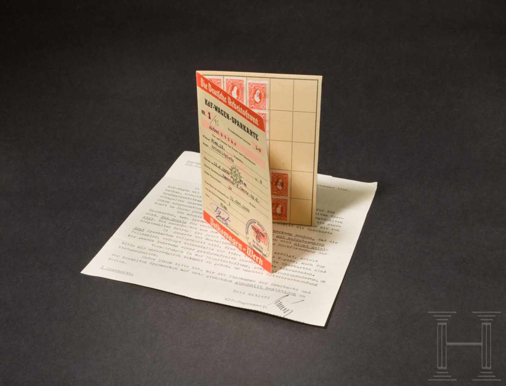 KdF-Wagen-Sparkarte und vier Dokumente 1938/39Die Sparkarte Nr. 1, ausgestellt am 11.10.1938 für
