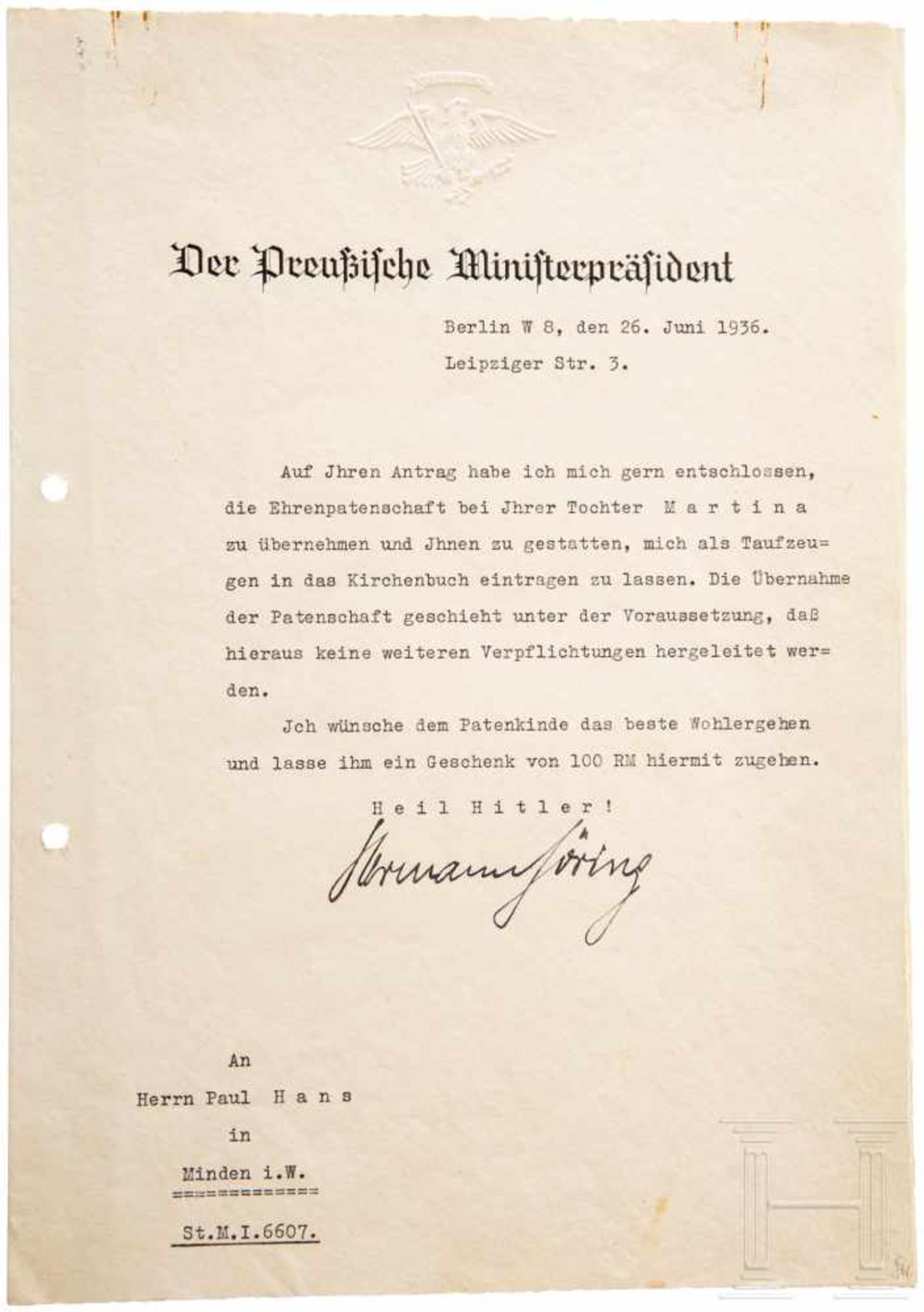 Hermann Göring - eigenhändig signierter Brief als preußischer