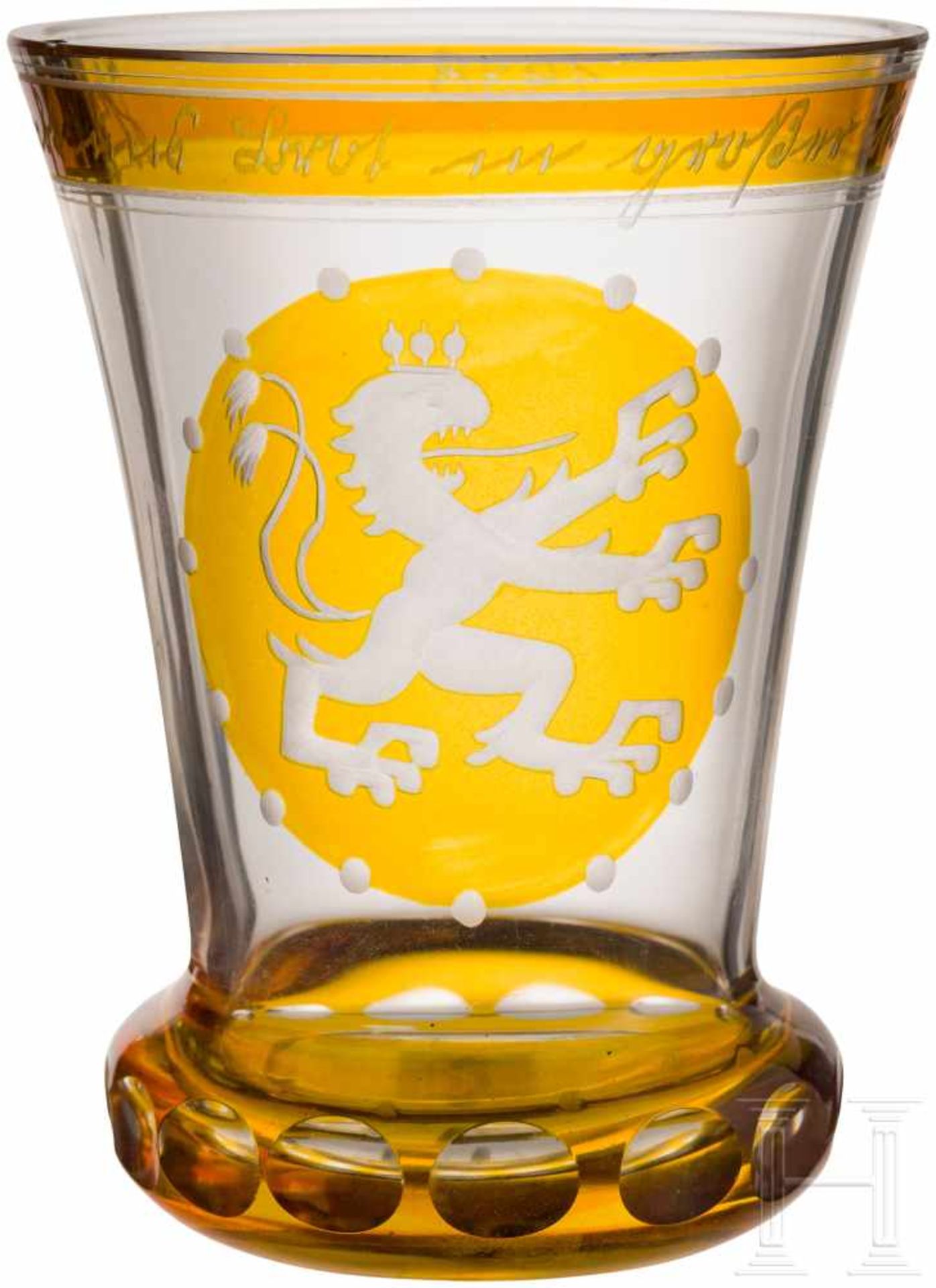 "V.D.A.-Freundschaftsglas" (Sockelglas) Panther 1938Sockelbecher aus farblosem Glas, außen teilweise