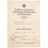 GFM Erwin Rommel - eigenhändig signierte Urkunde zum EK II vom 15.7.1940Für einen Hauptwerkmeister