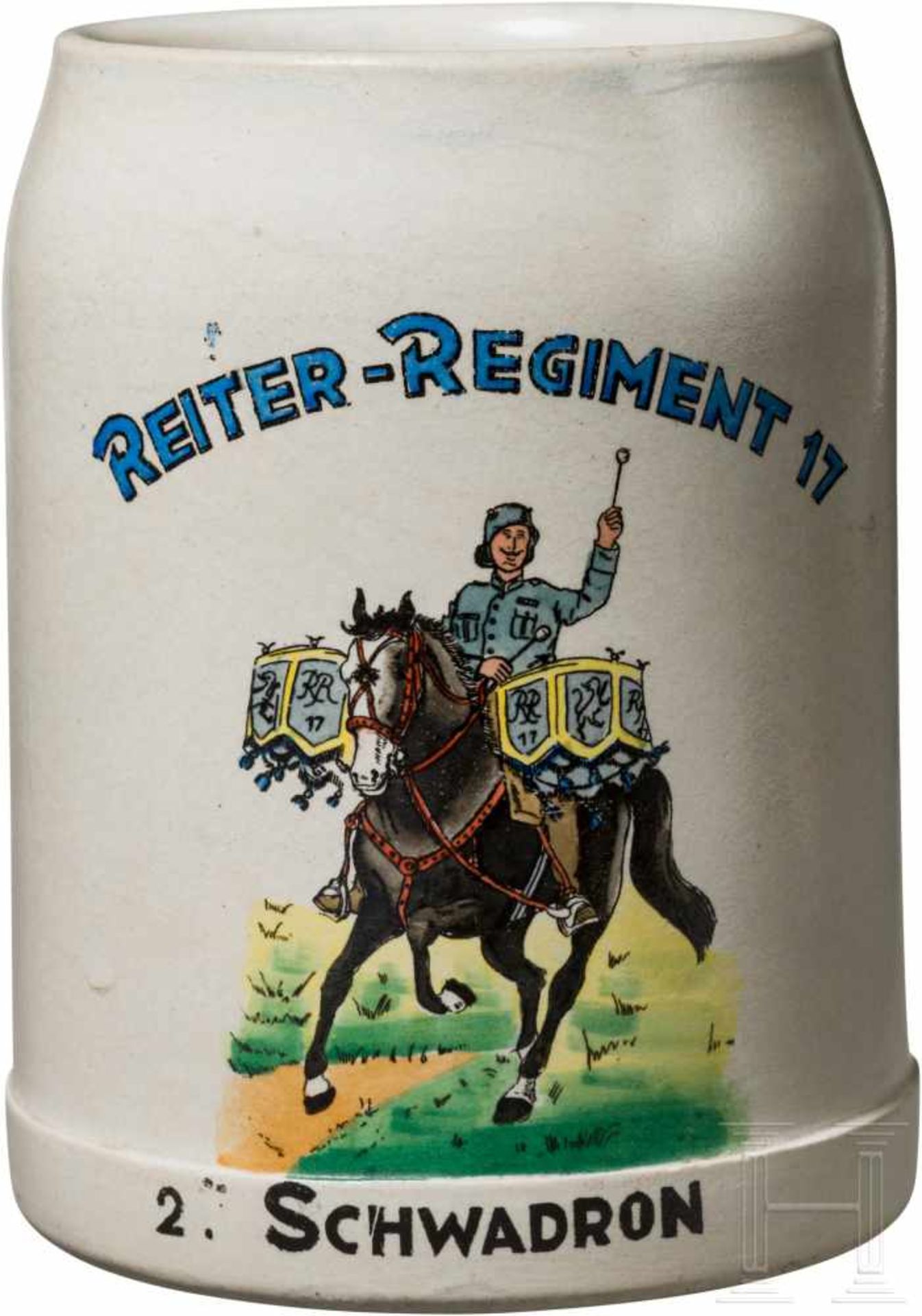 Regimentskrug des Reiter-Regiments 17, Reichswehr in BayernSteingut 10/20 Liter mit Eichstrich, bez.