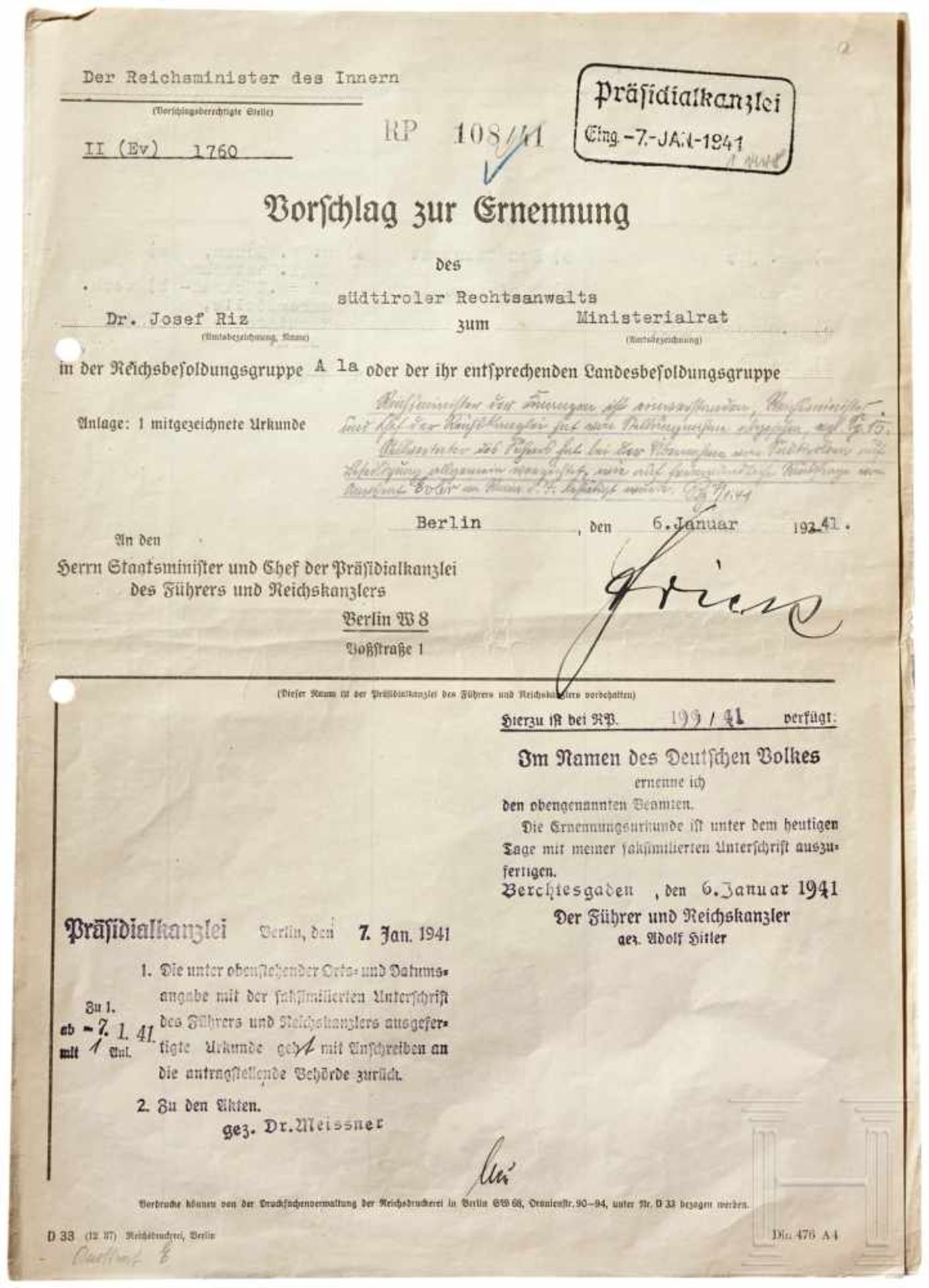 A proposal appointment signed by Wilhelm FrickA document proposing the appointment of Dr. Josef