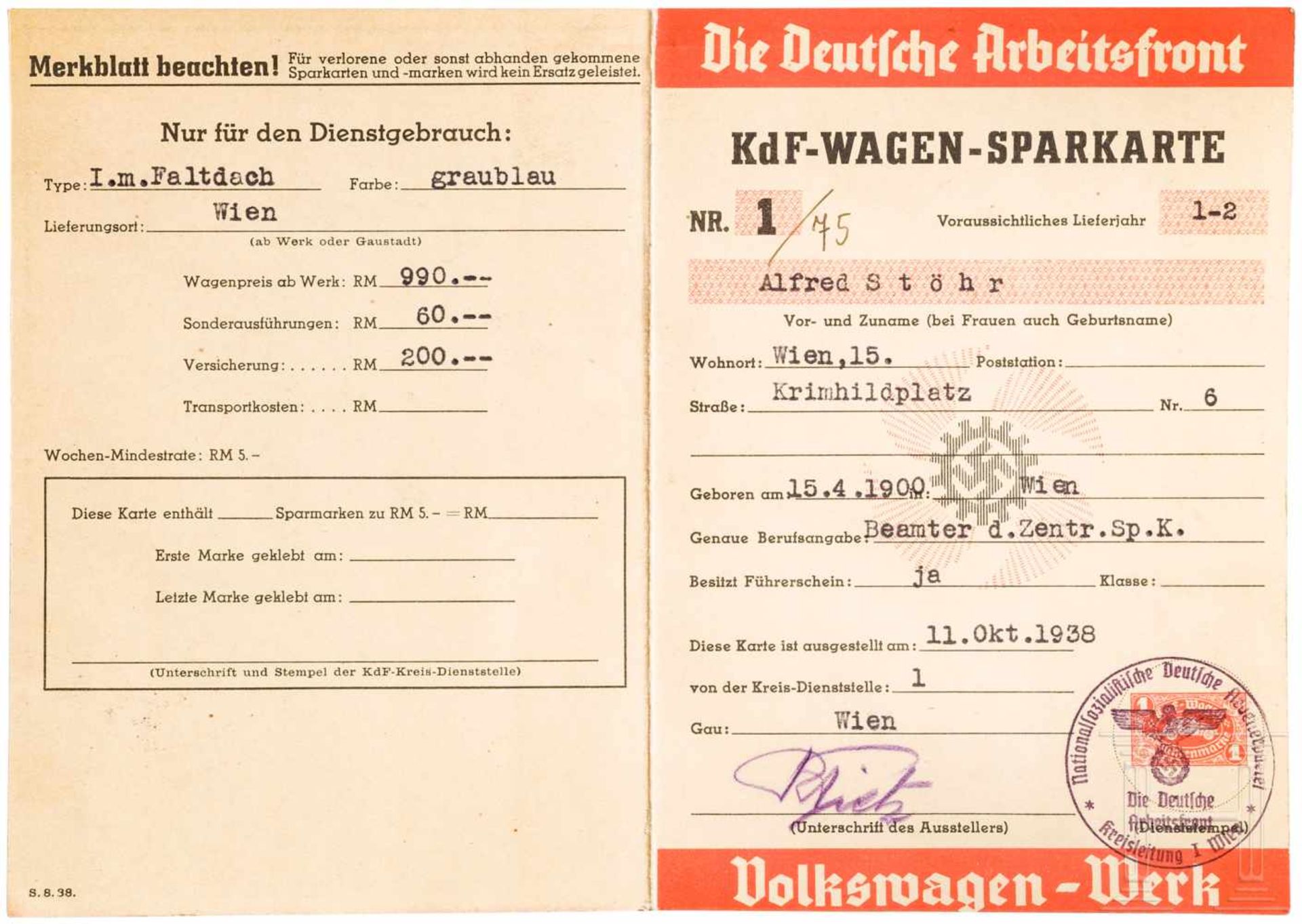 KdF-Wagen-Sparkarte und vier Dokumente 1938/39Die Sparkarte Nr. 1, ausgestellt am 11.10.1938 für - Bild 2 aus 4