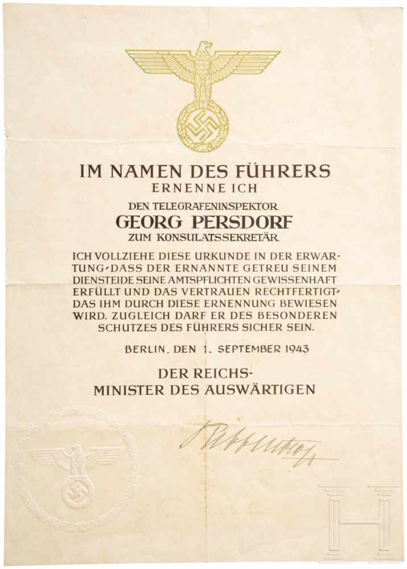 Joachim von Ribbentrop - eigenhändige Unterschrift auf einer BestallungSchmuckblatt mit goldenem