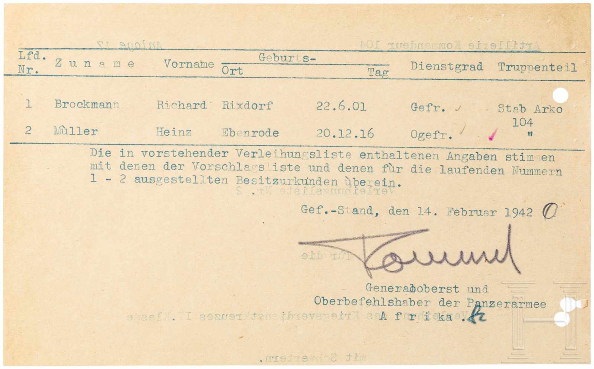 GFM Erwin Rommel - signierte Verleihungsliste zum KVK II. Klasse mit Schwertern vom 14.2.