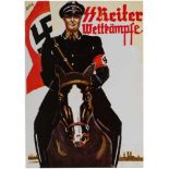 Postkarte der Münchner SS-ReiterwettkämpfeFarbige Postkarte mit Darstellung eines SS-Reiters vor