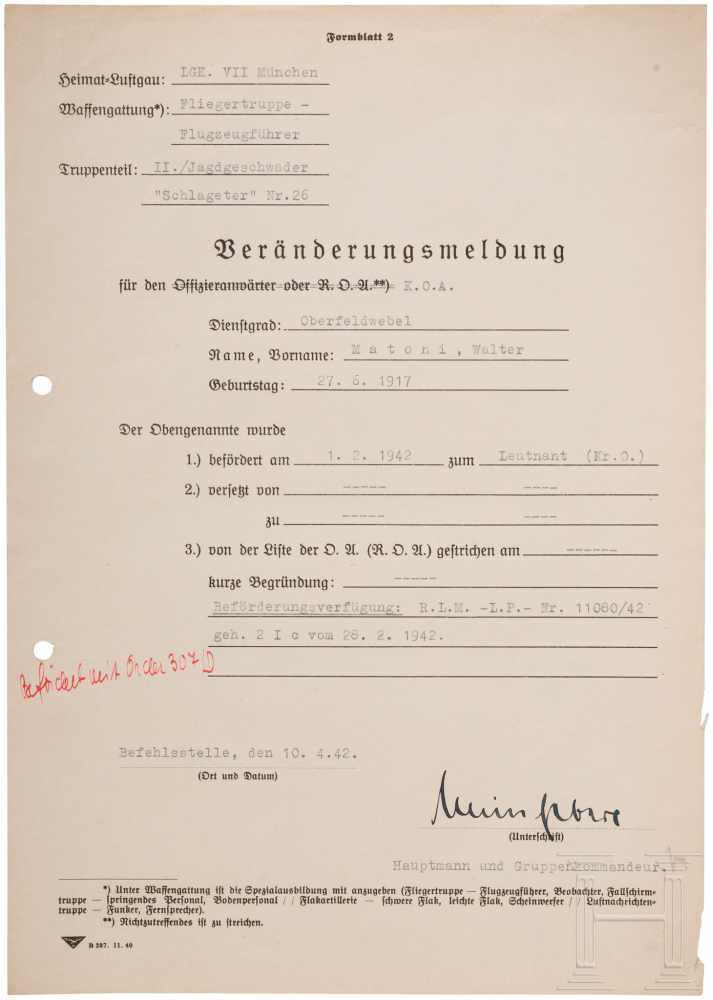 Hauptmann Joachim Müncheberg - signierte Veränderungsmeldung für Leutnant Walter Matoni vom 10.4.