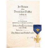 Polizei-Dienstauszeichnung 1. Stufe für 25 Jahre mit UrkundeVergoldetes Kreuz mit polierten Details.
