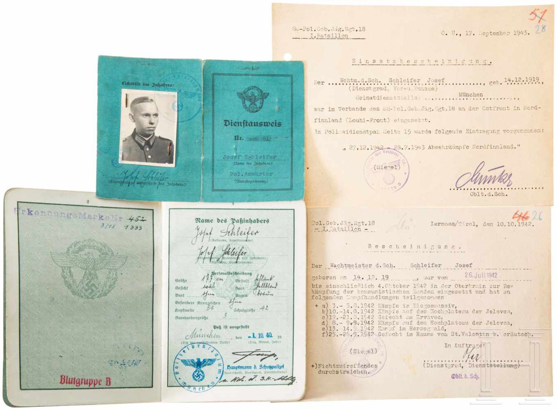 SS-Polizei Gebirgsjäger Regiment 18 - Soldbuch und DokumenteUmfangreicher Dokumenten-Nachlass des