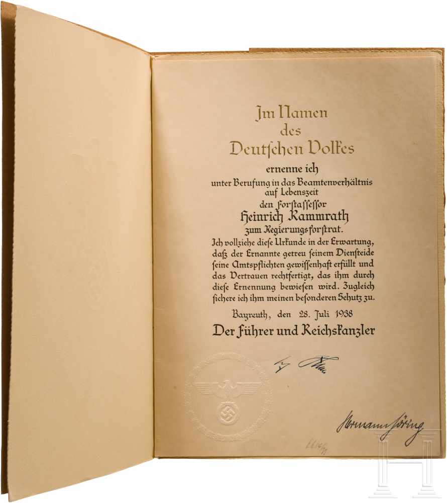 Ernennungsurkunde zum Regierungsforstrat mit Originalunterschrift GöringsGedruckter Doppelbogen,