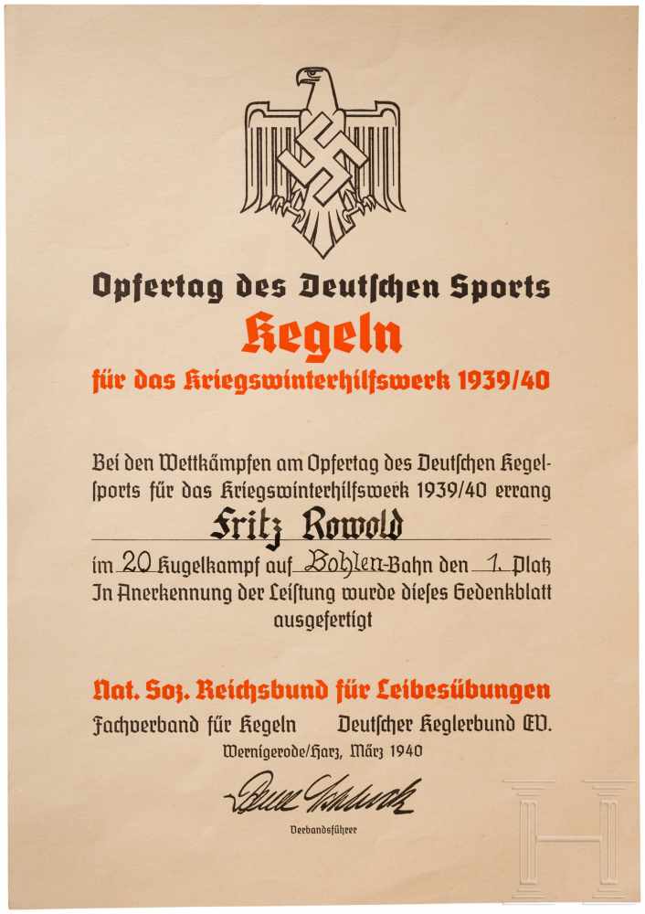 Zwei Urkunden"Opfertag des Deutschen Sports - Kegeln für das WHW", 1937/38, Gau 27, R! "Opfertag des