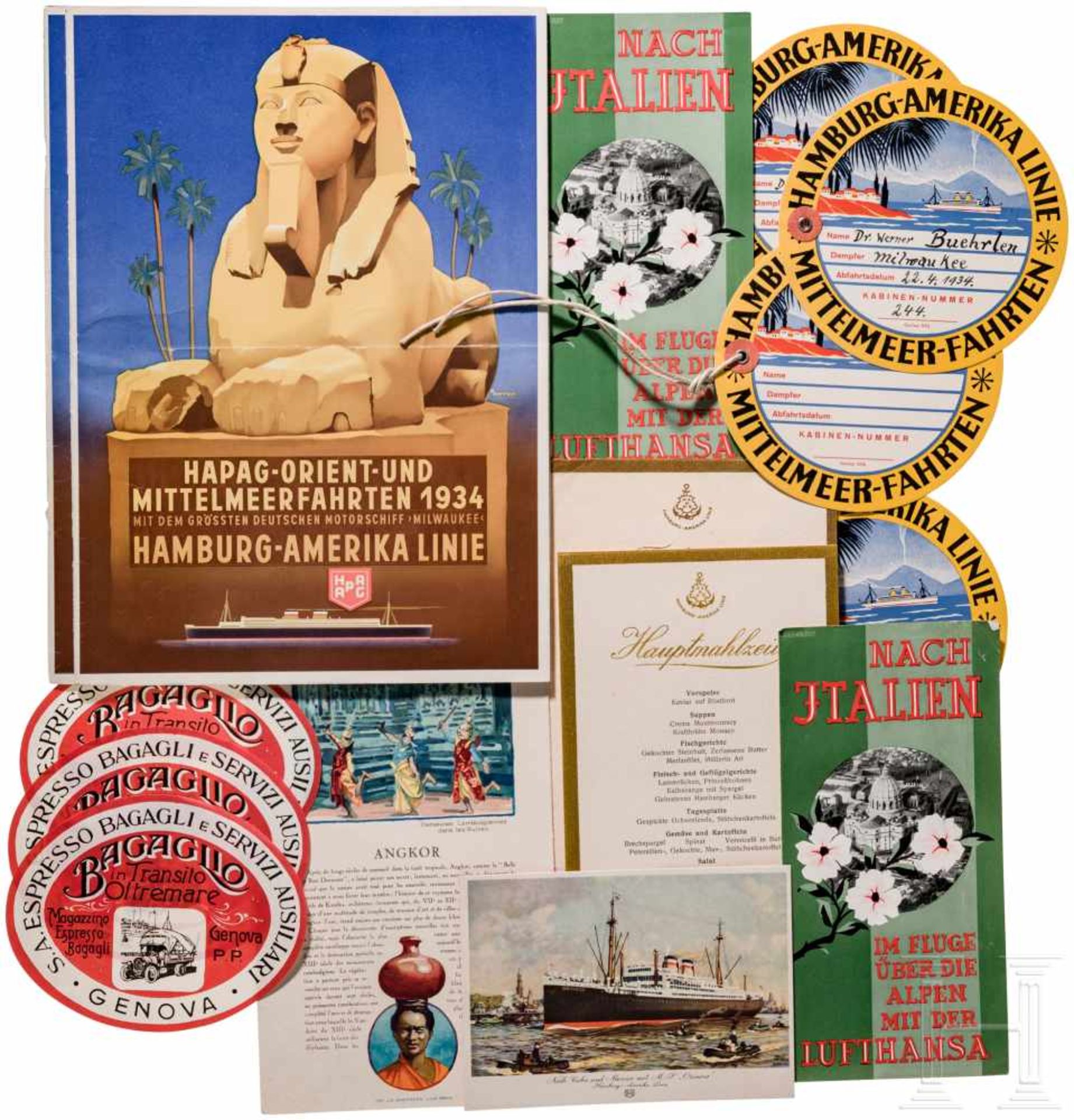 Reise- und Reklamehefte sowie Fotos einer Mittelmeerreise, um 1934Prospekte und Menükarten der MS "