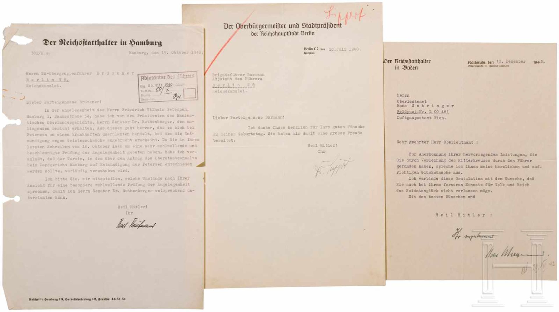 Karl Kaufmann, Robert Wagner und Julius Lippert - drei signierte Schreiben, 1940-42Briefkopf "Der