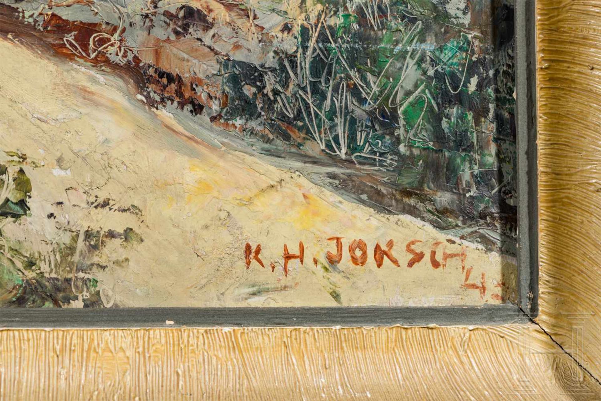 K.H. Joksch - "In den Lofoten"Öl auf Sperrholz, mit sommerlicher Darstellung der im Hafen - Bild 2 aus 2