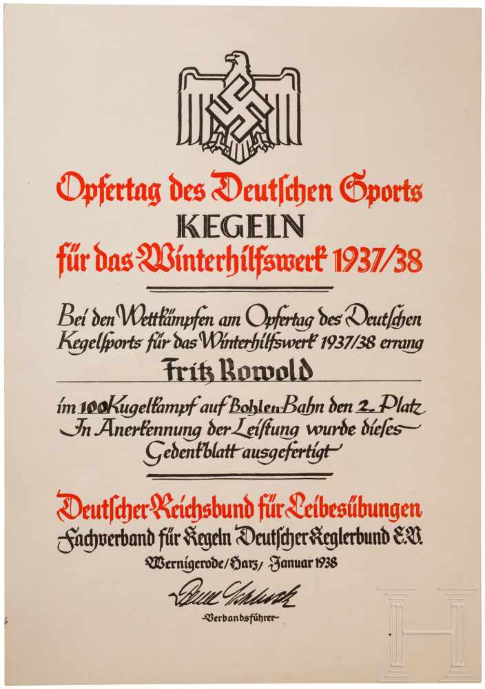Zwei Urkunden"Opfertag des Deutschen Sports - Kegeln für das WHW", 1937/38, Gau 27, R! "Opfertag des - Image 2 of 2