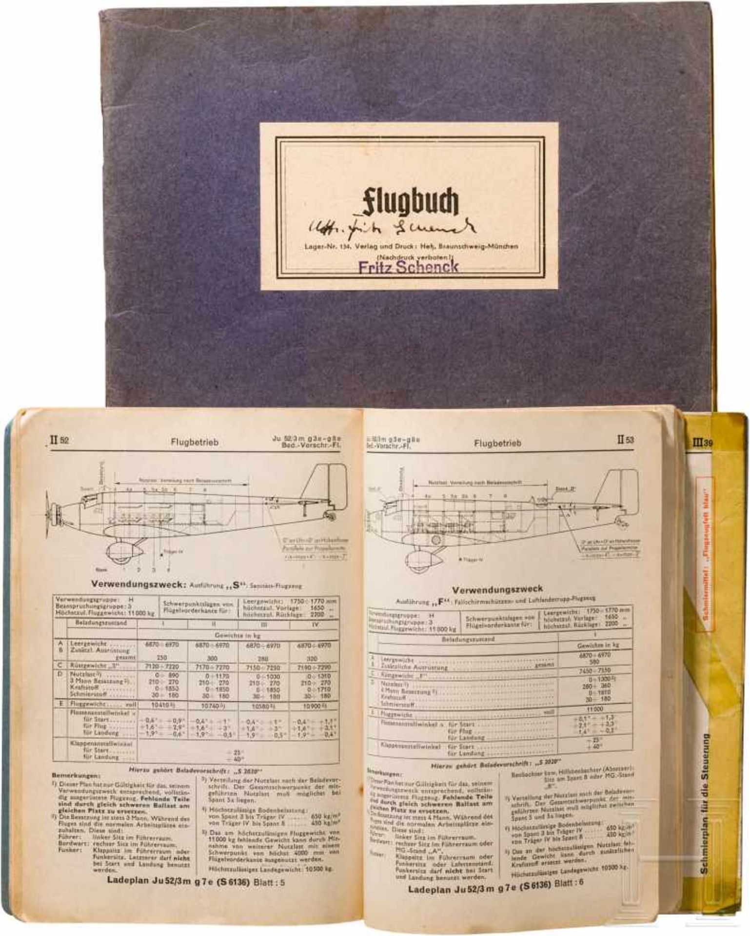 Unteroffizier Fritz Schenk - Flugbuch und Bedienungsvorschrift für Junkers Ju 52Flugbuch geführt vom