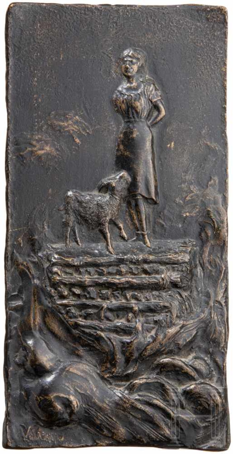 Bronzeplakette "Hexenverbrennung", Emile Vaucanu (1864-94)Hochrechteckige, schwarz patinierte,