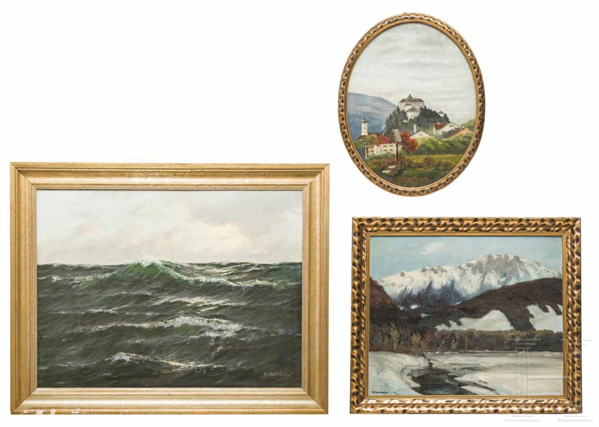 Drei Ölbilder: "Berglandschaft", "Festung Kufstein" und "Meereswogen"Eduard Lammert (1867 -